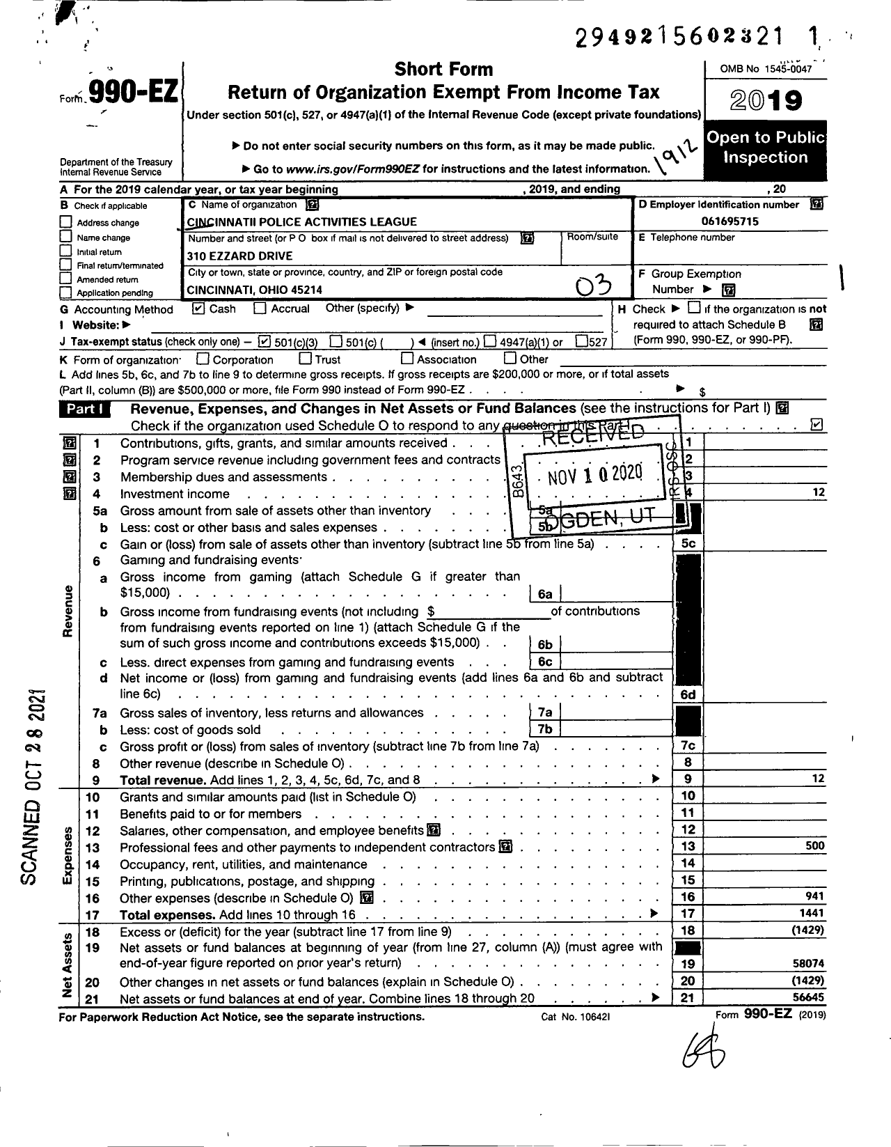 Image of first page of 2019 Form 990EZ for Cincinnati Police Activities League