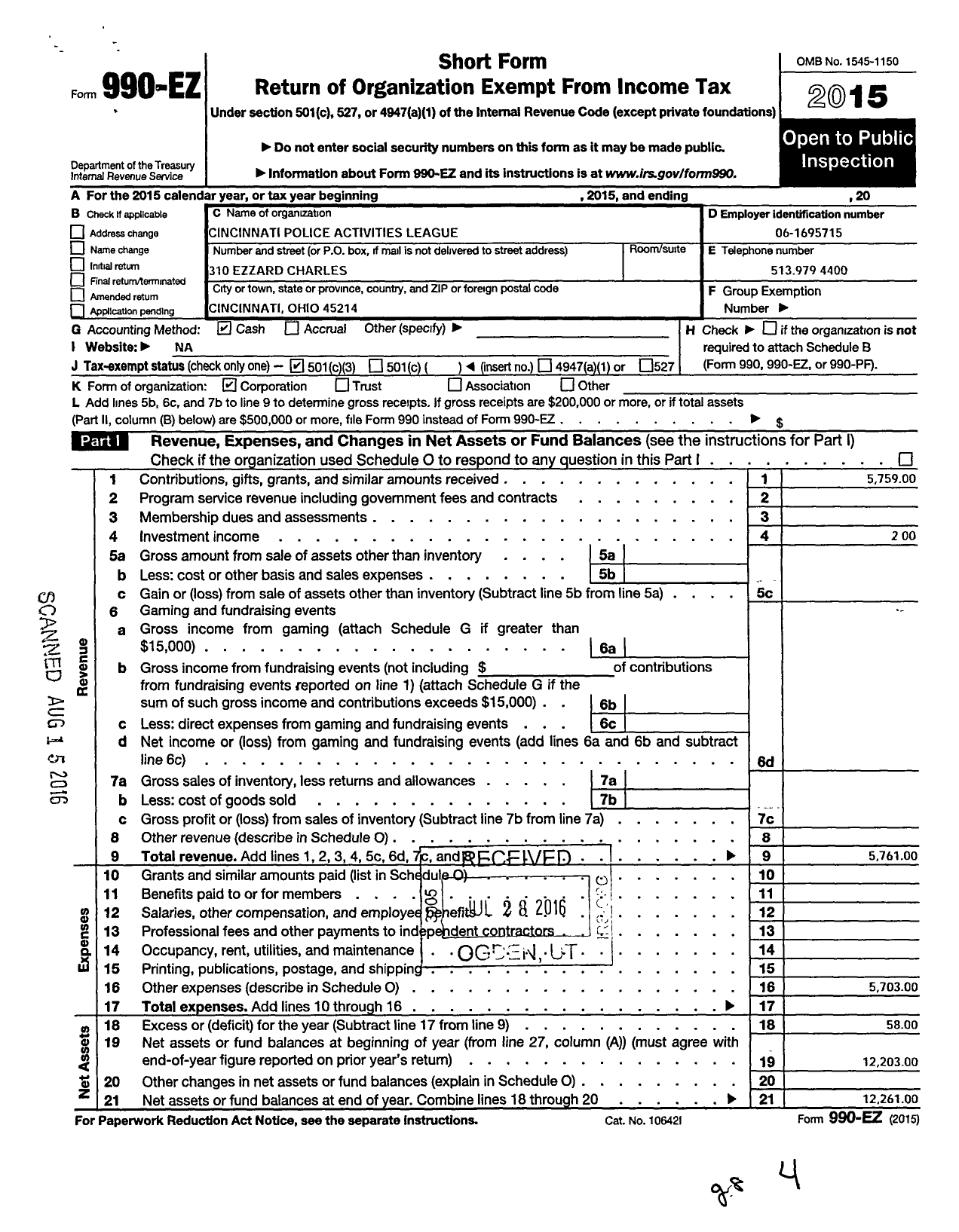 Image of first page of 2015 Form 990EZ for Cincinnati Police Activities League