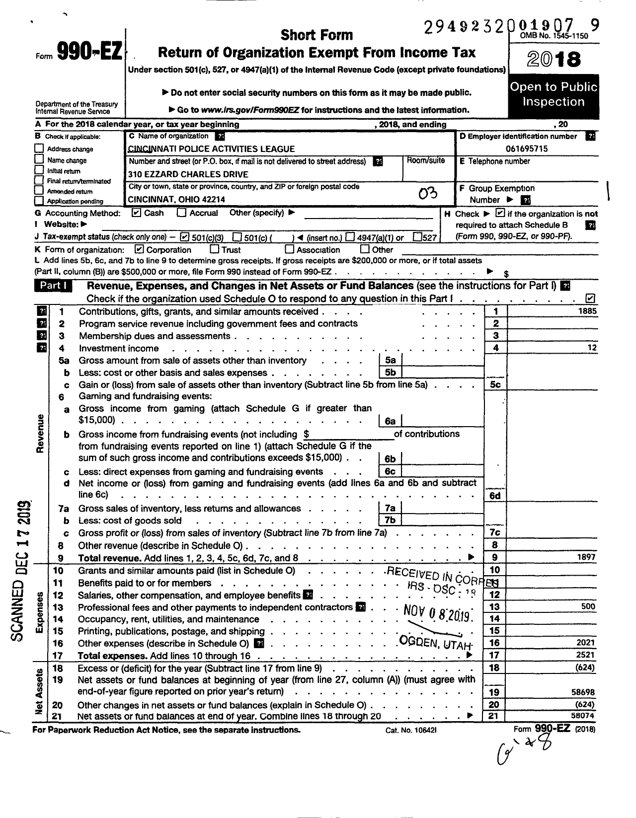 Image of first page of 2018 Form 990EZ for Cincinnati Police Activities League