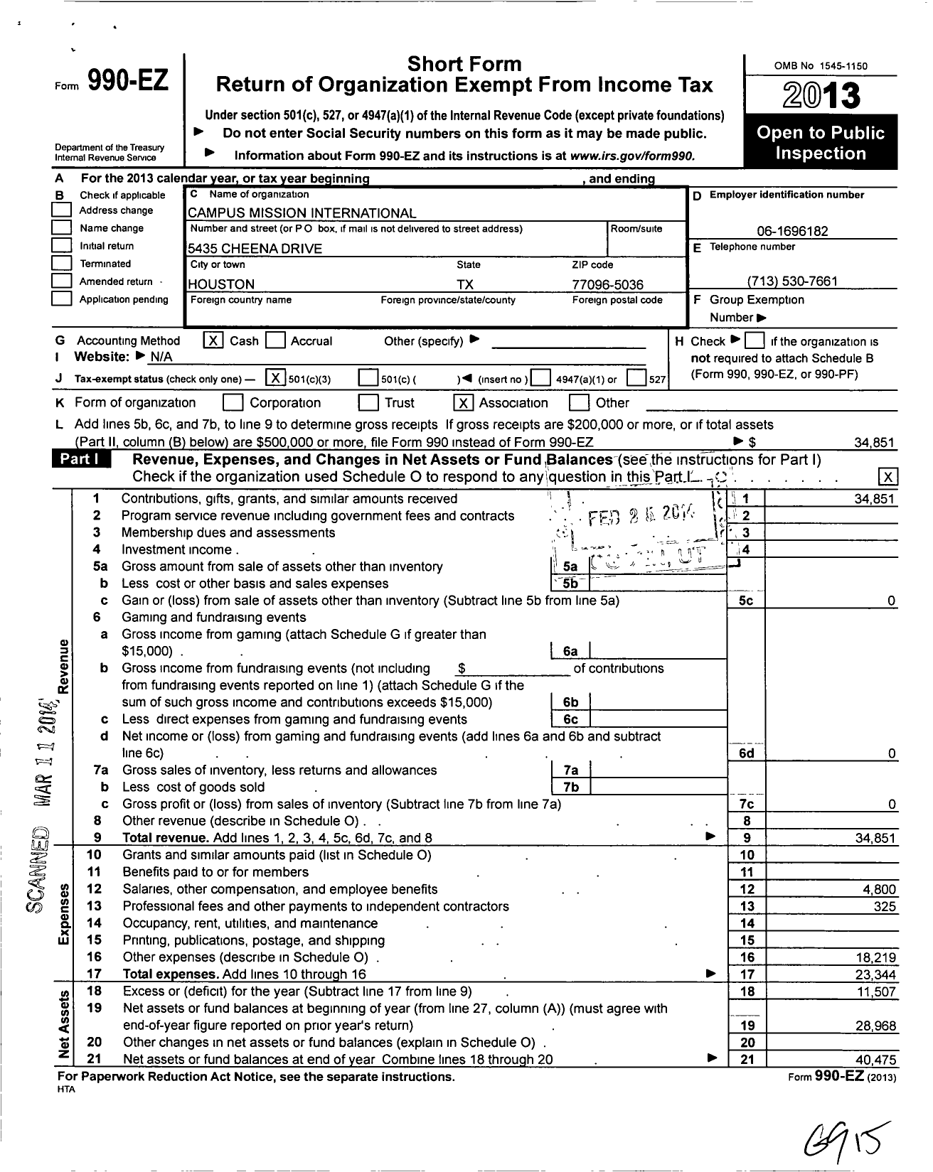 Image of first page of 2013 Form 990EZ for Campus Mission International North America