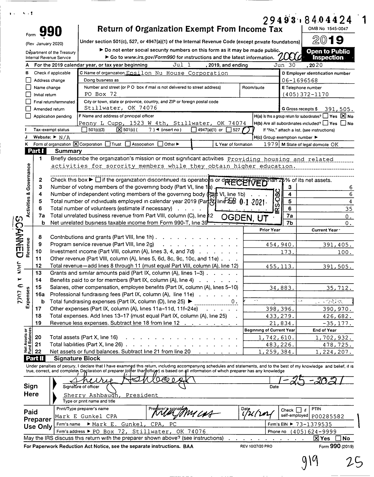 Image of first page of 2019 Form 990O for Epsilon Nu House Corporation