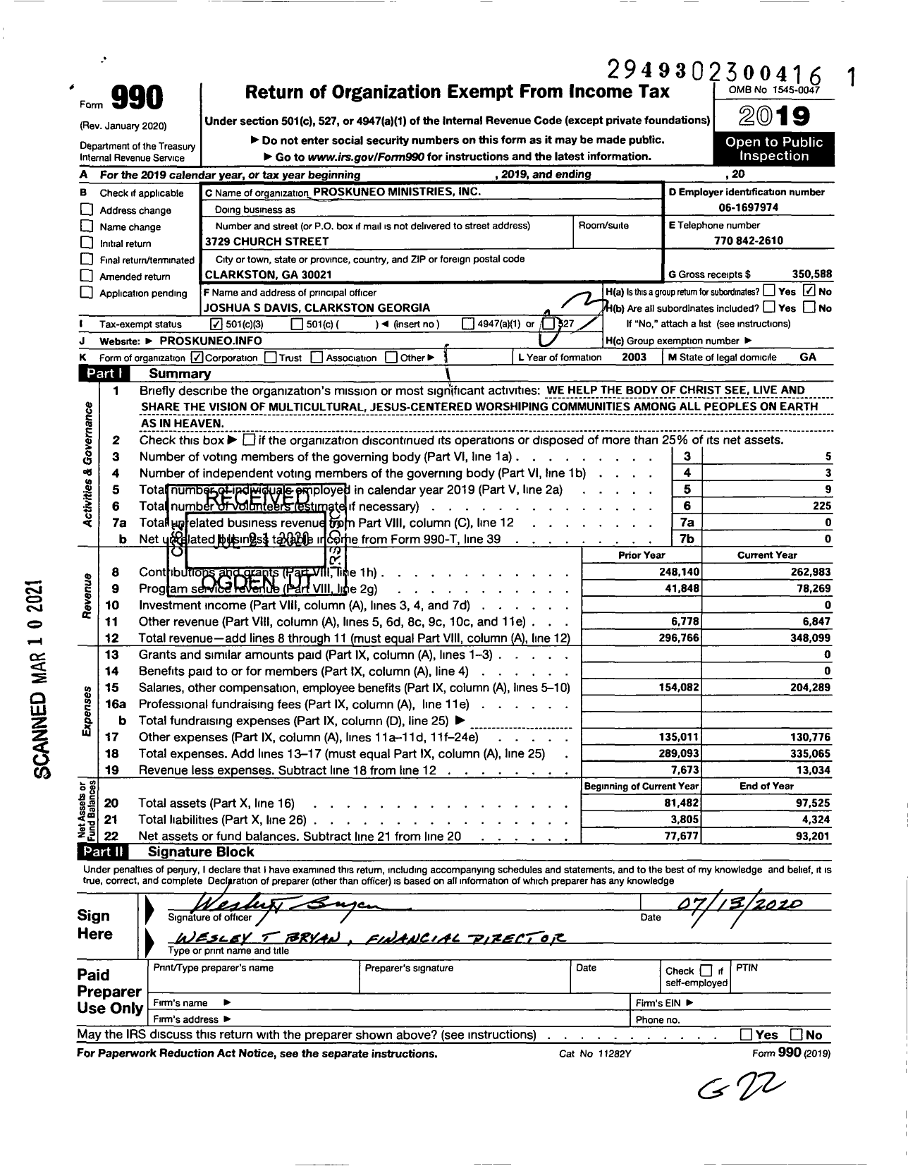 Image of first page of 2019 Form 990 for Proskuneo Ministries