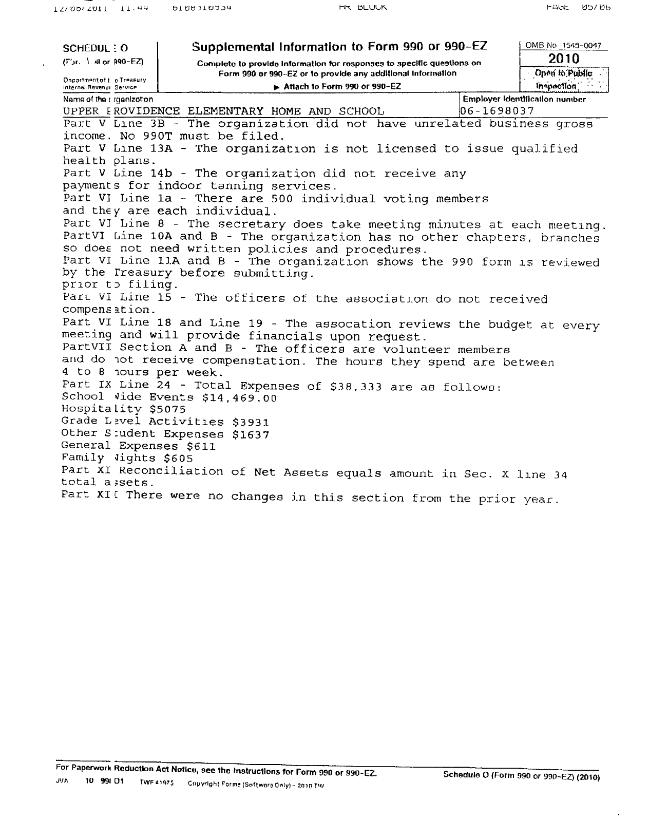 Image of first page of 2010 Form 990R for Upper Providence Elementary Home and School Association