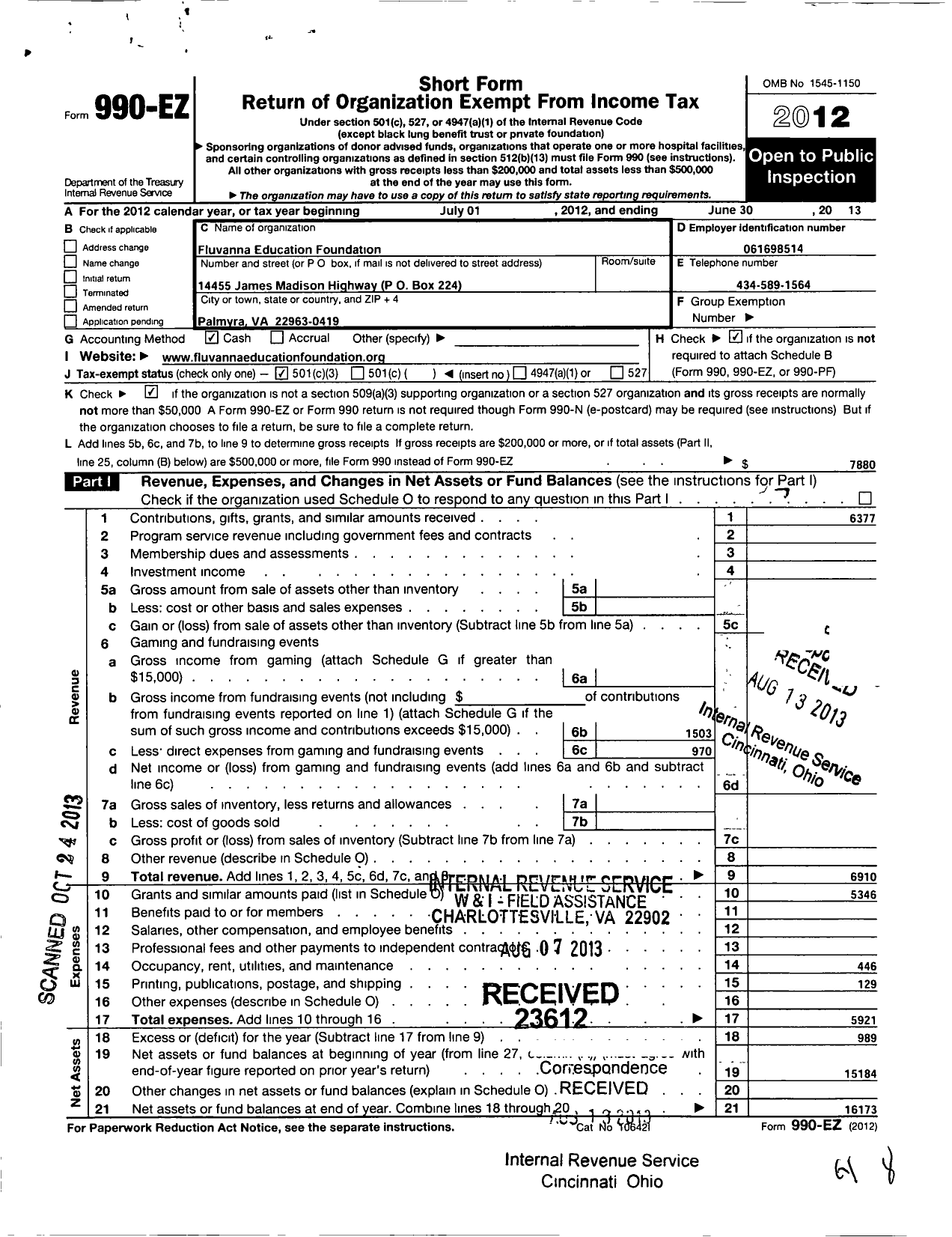 Image of first page of 2012 Form 990EZ for Fluvanna Education Foundation