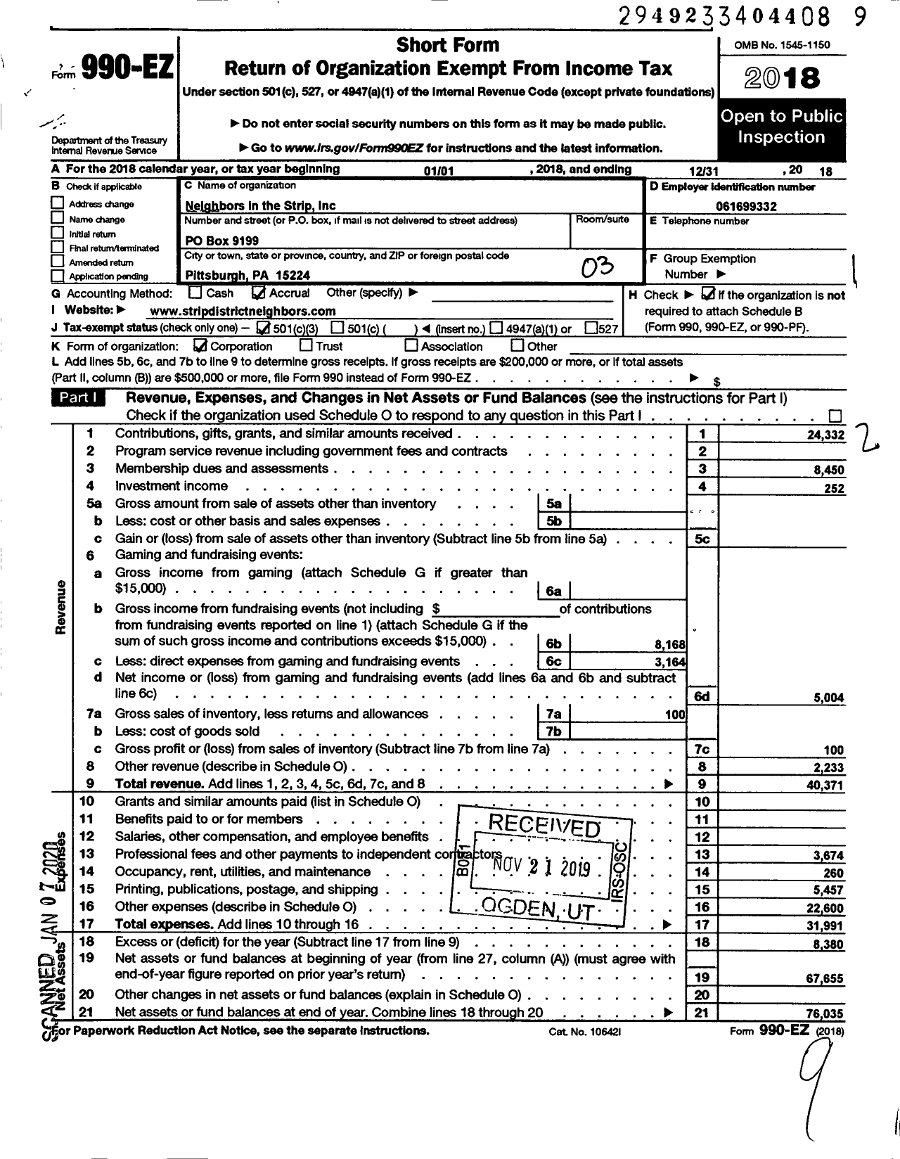 Image of first page of 2018 Form 990EZ for Neighbors in the Strip