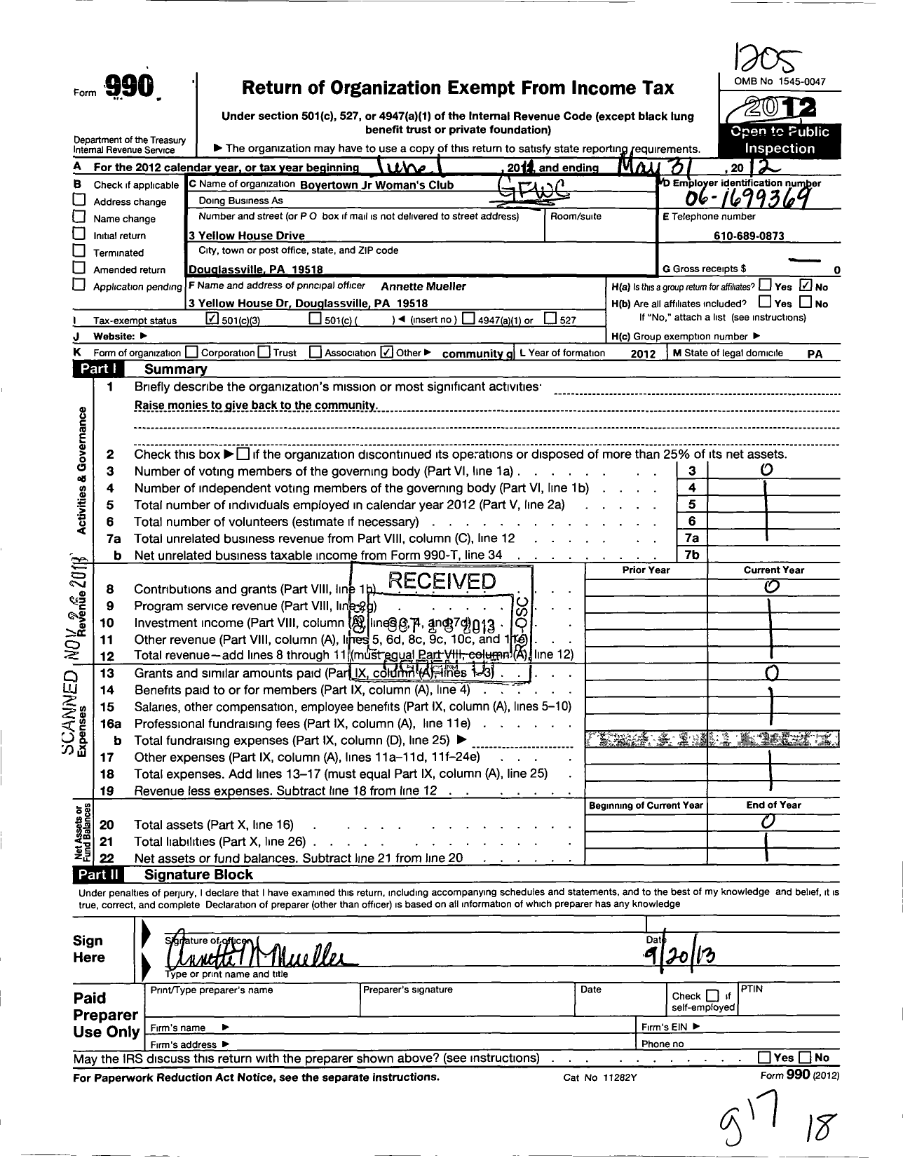 Image of first page of 2011 Form 990 for GFWC Berks County Federation of Womens Clubs / Boyertown Junior Womans Club