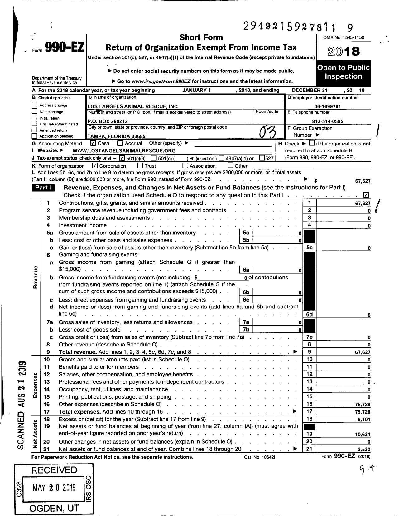 Image of first page of 2018 Form 990EZ for Lost Angels Animal Rescue