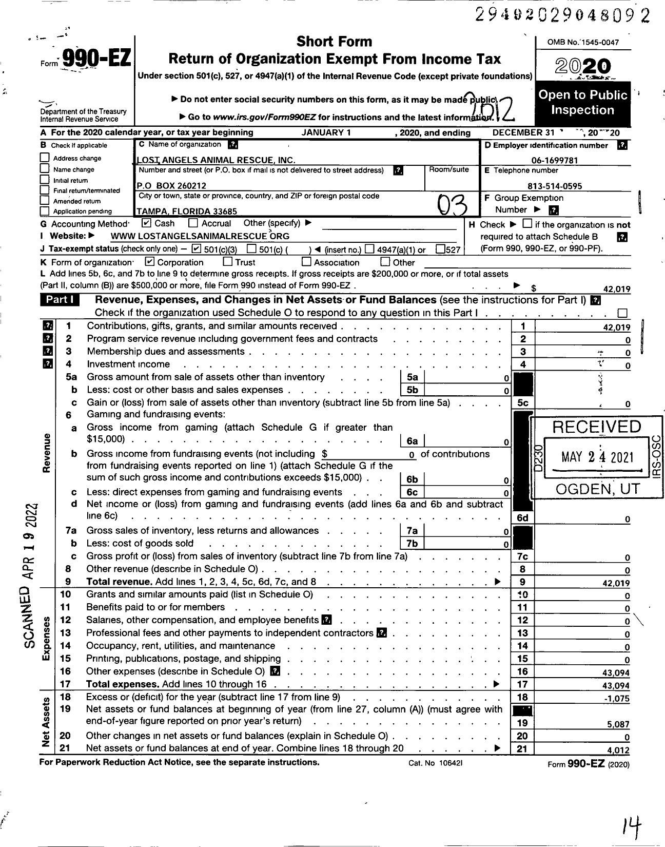 Image of first page of 2020 Form 990EZ for Lost Angels Animal Rescue