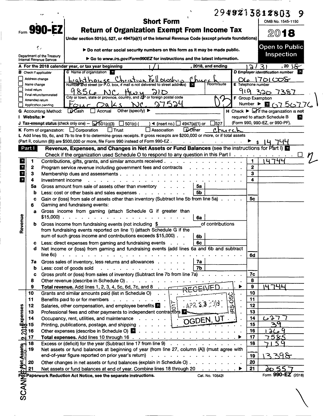 Image of first page of 2018 Form 990EZ for Lighthouse Christian Fellowship Church