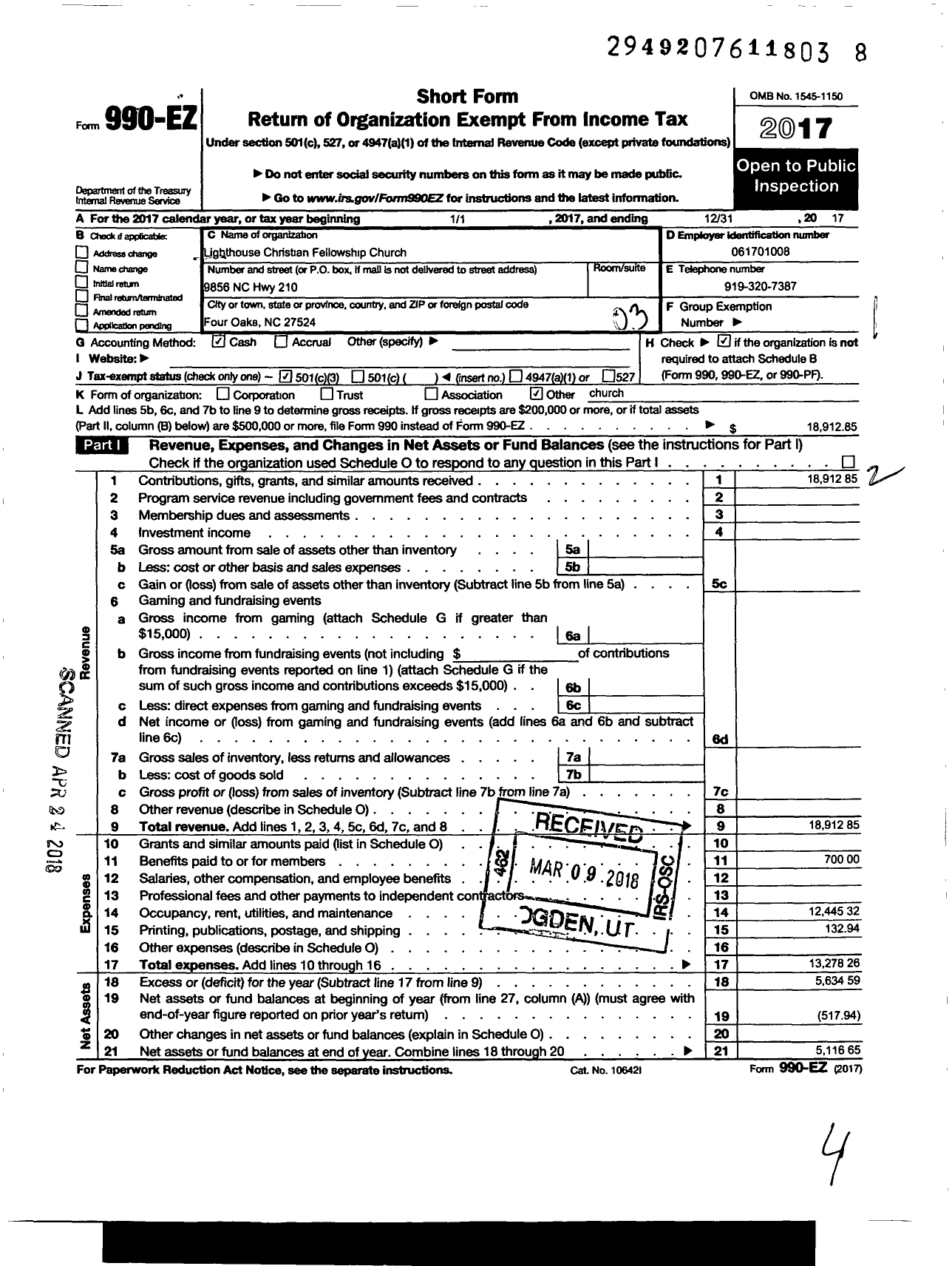 Image of first page of 2017 Form 990EZ for Lighthouse Christian Fellowship Church