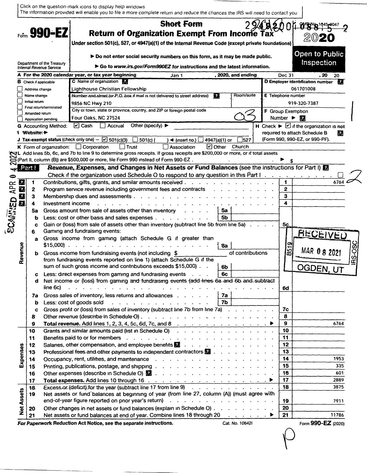 Image of first page of 2020 Form 990EZ for Lighthouse Christian Fellowship Church