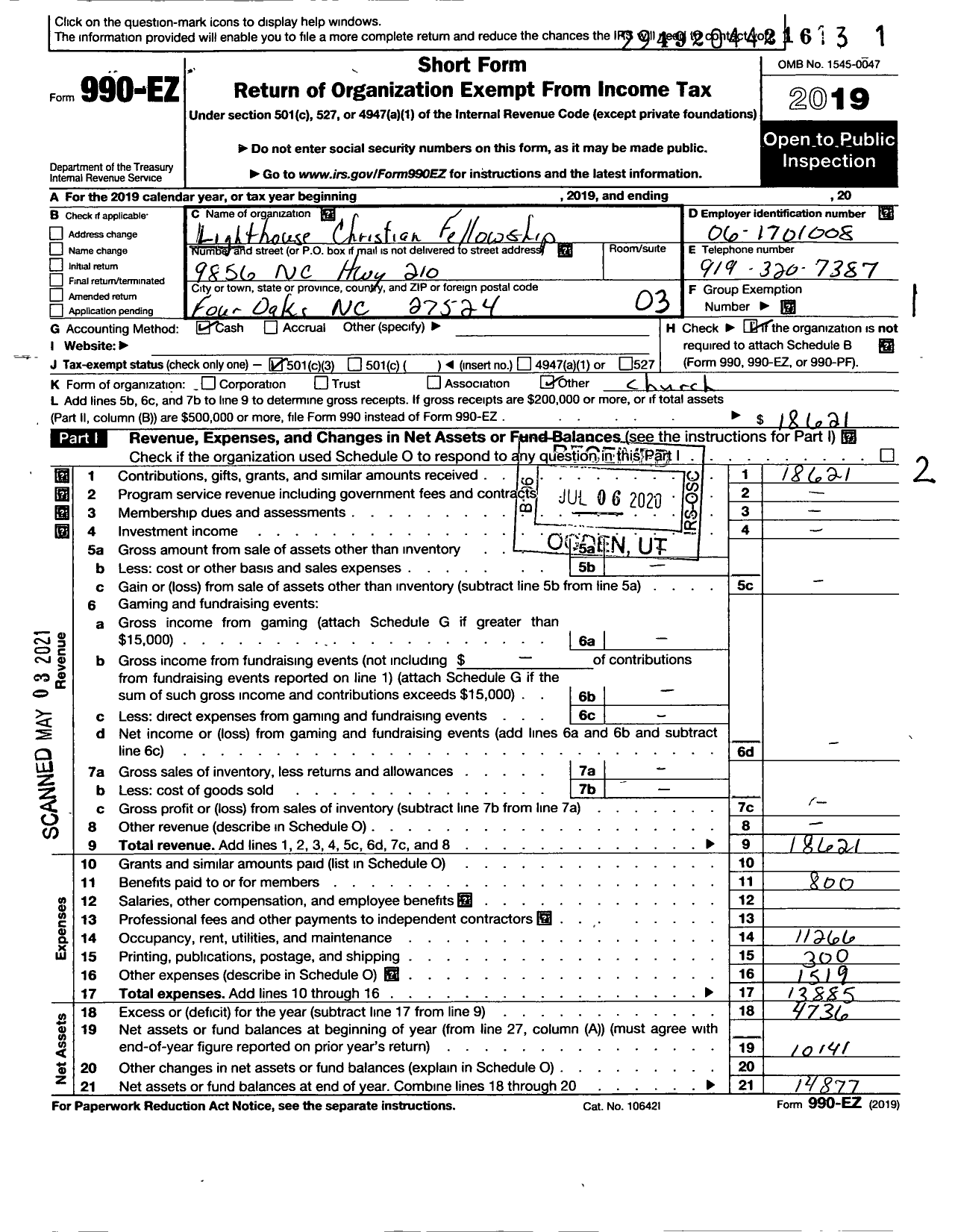 Image of first page of 2019 Form 990EZ for Lighthouse Christian Fellowship Church