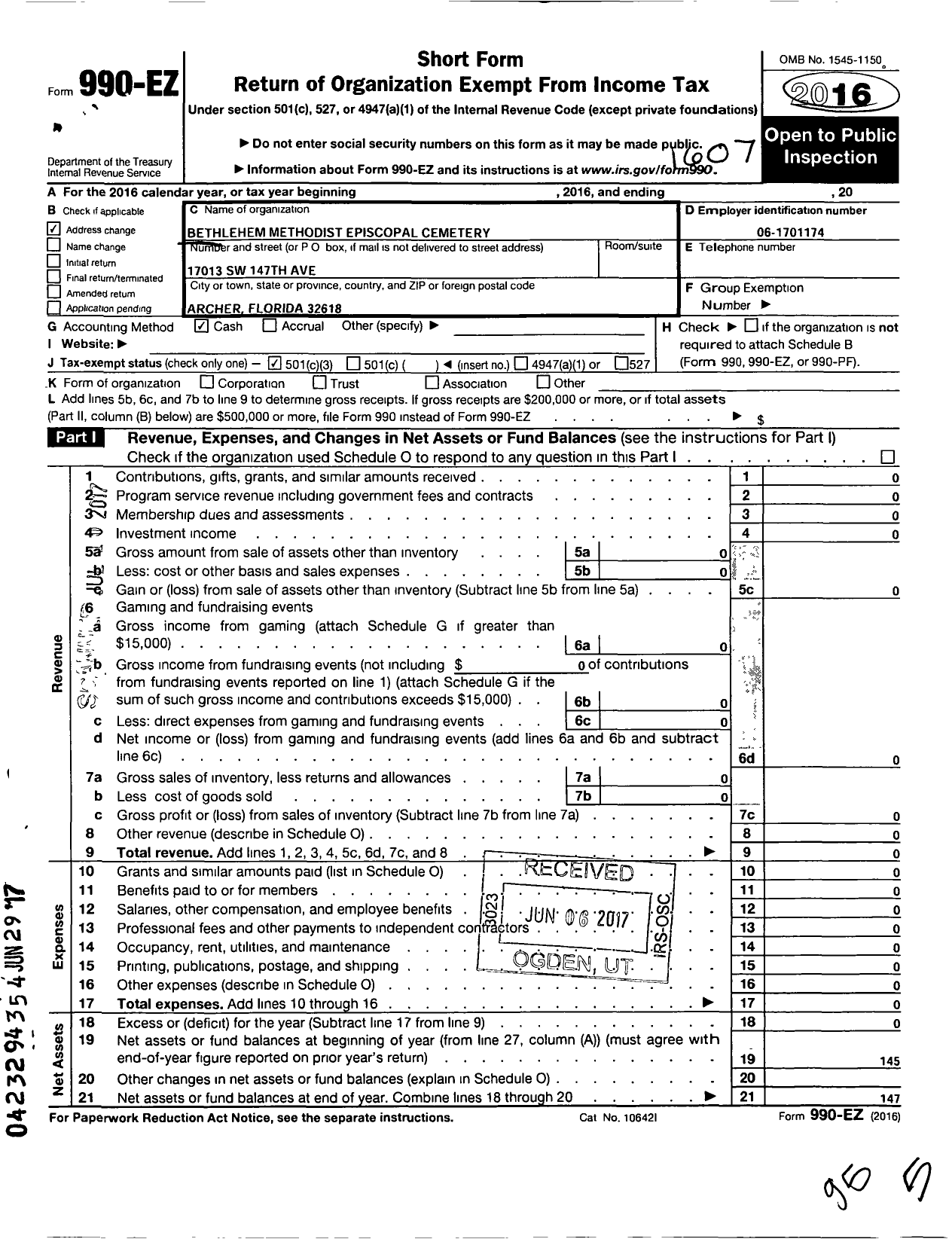 Image of first page of 2015 Form 990EZ for Bethlehem Methodist Episcopal Cemetery Restoration Organization