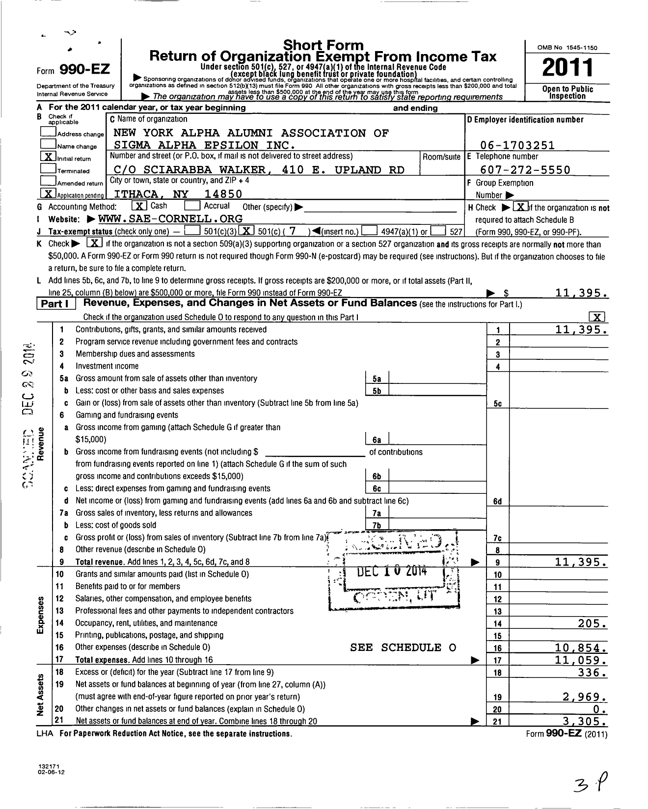 Image of first page of 2011 Form 990EO for New York Alpha Alumni Association of Sigma Alpha Epsilon