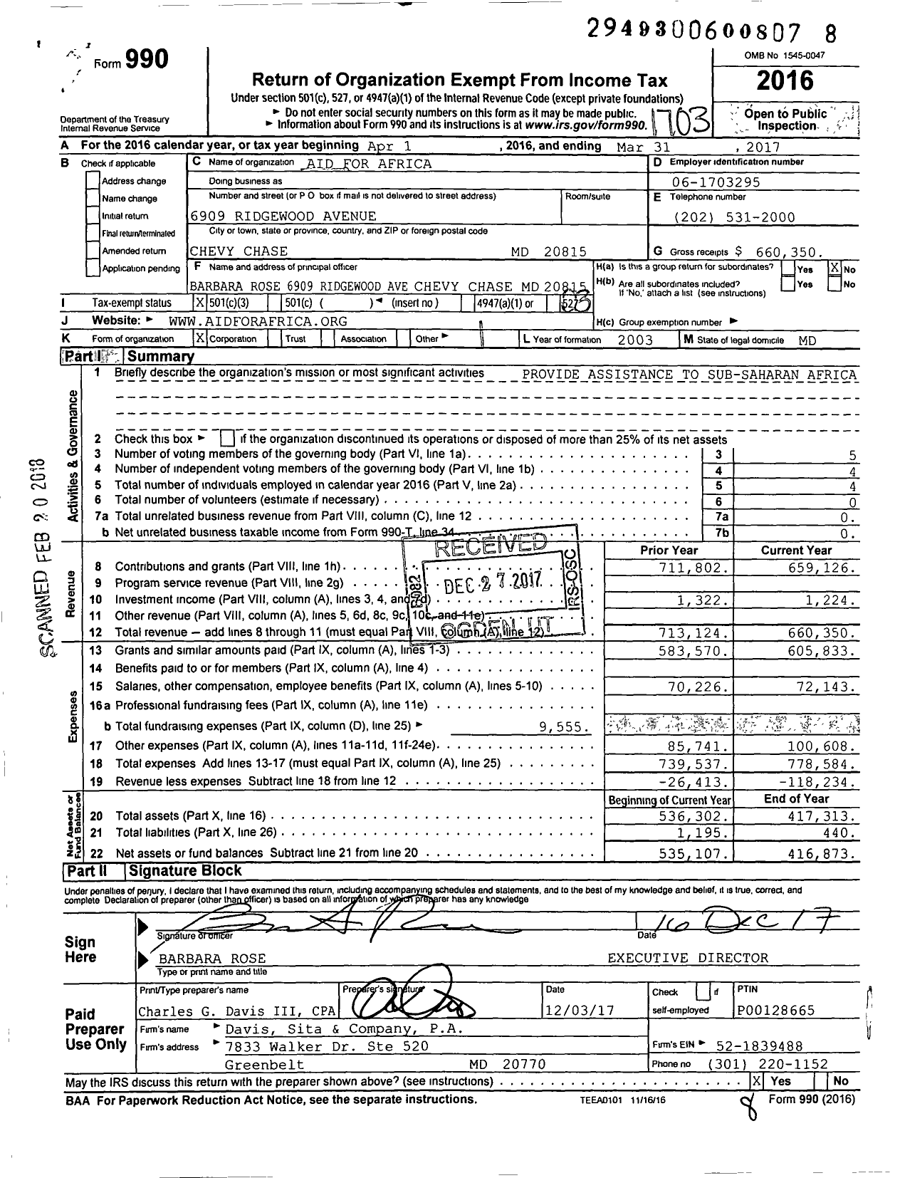 Image of first page of 2016 Form 990 for Aid for Africa