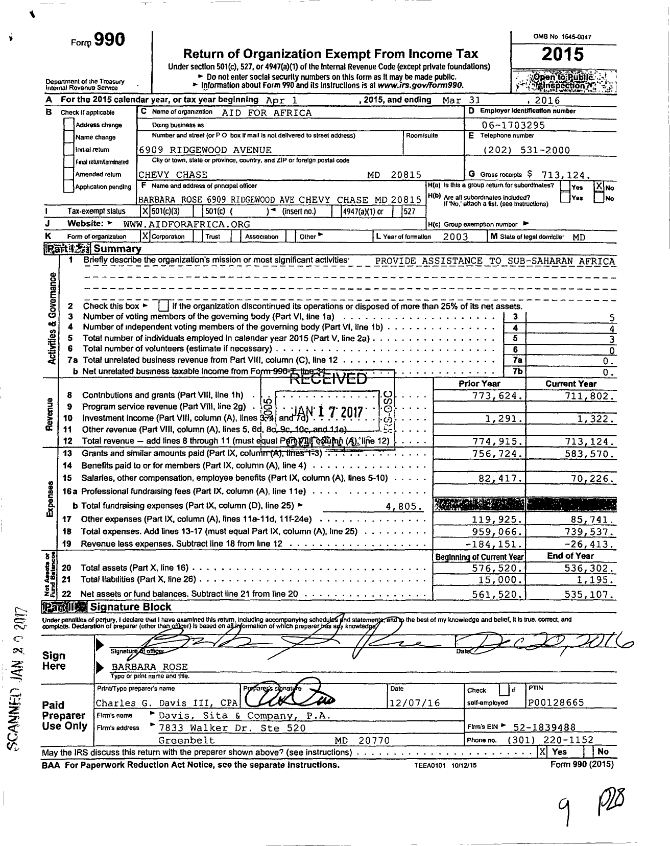 Image of first page of 2015 Form 990 for Aid for Africa