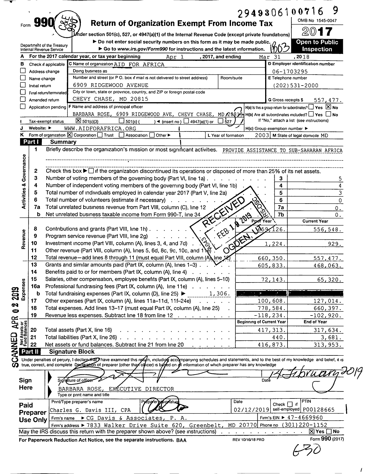 Image of first page of 2017 Form 990 for Aid for Africa