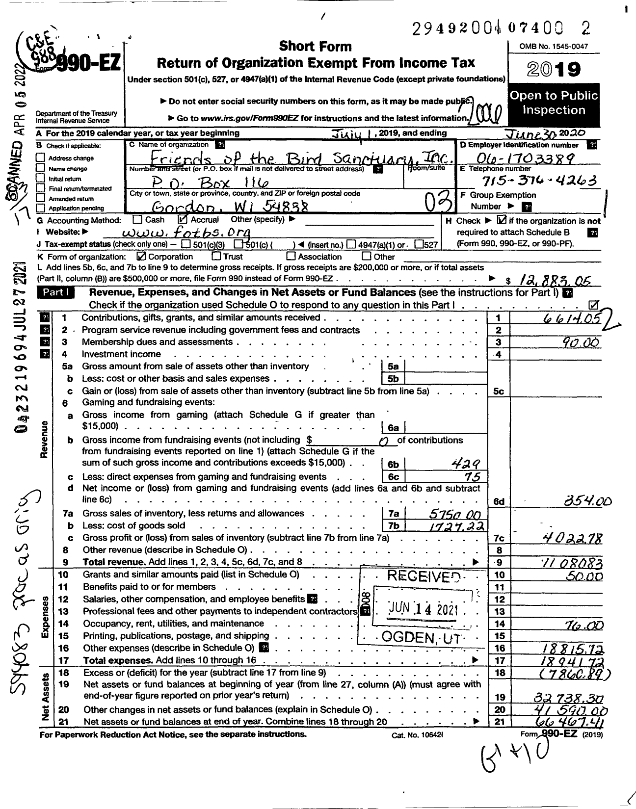 Image of first page of 2019 Form 990EZ for Friends of the Bird Sanctuary