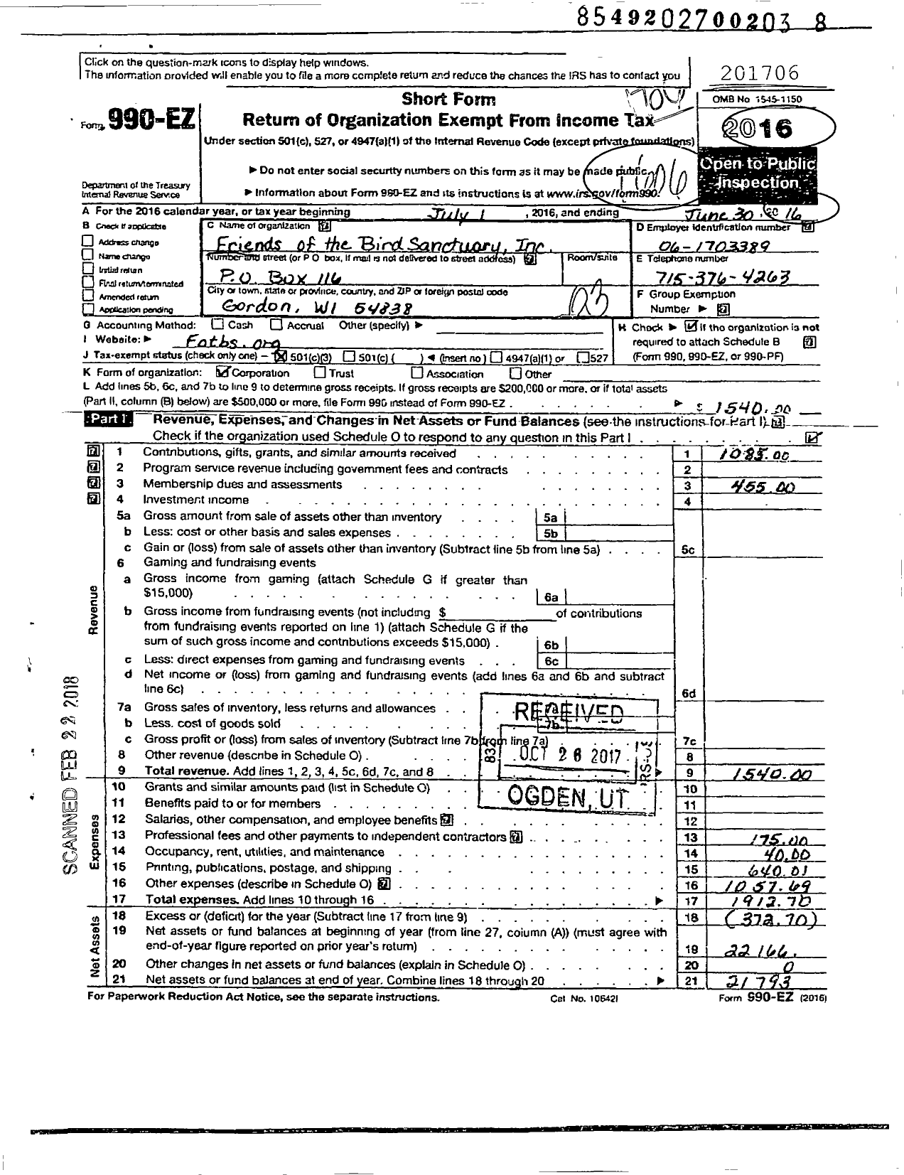 Image of first page of 2016 Form 990EZ for Friends of the Bird Sanctuary