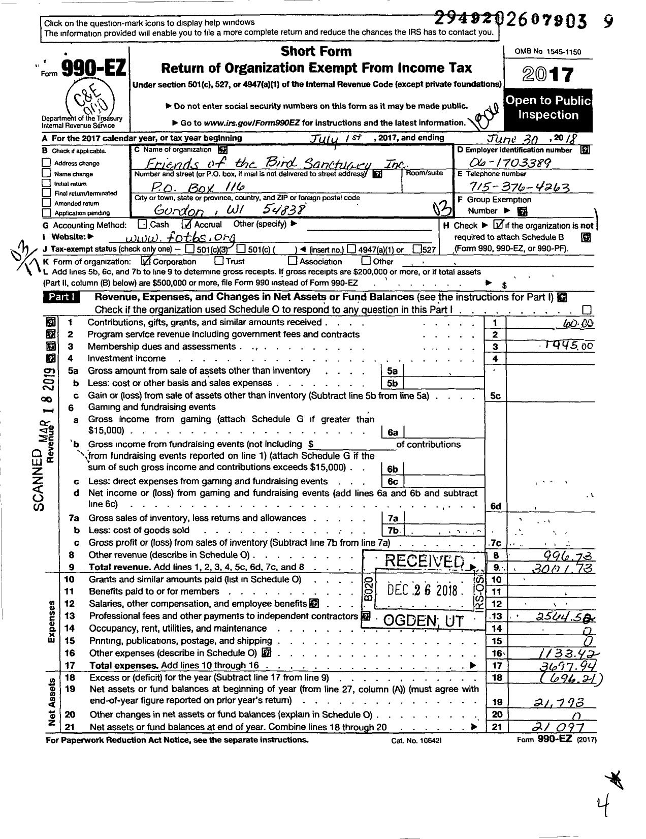 Image of first page of 2017 Form 990EZ for Friends of the Bird Sanctuary