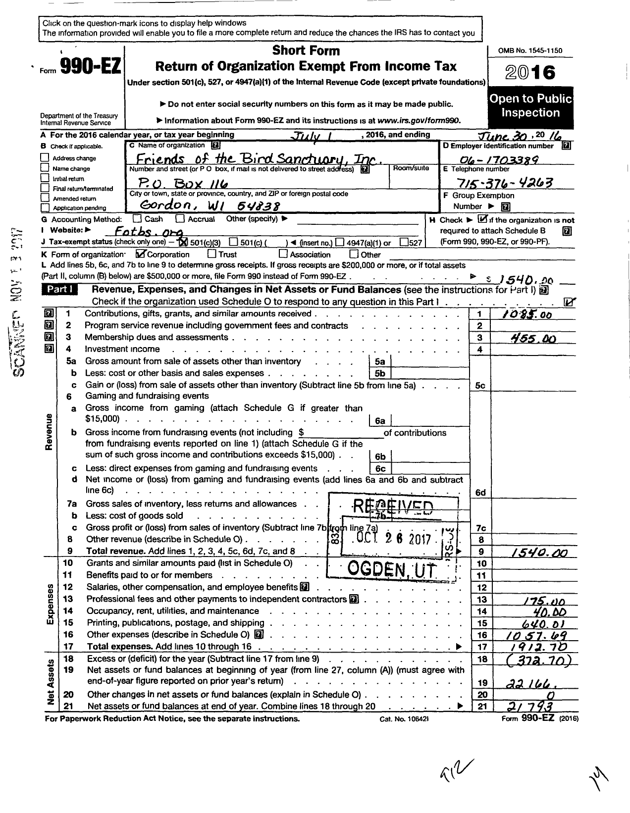 Image of first page of 2015 Form 990EZ for Friends of the Bird Sanctuary