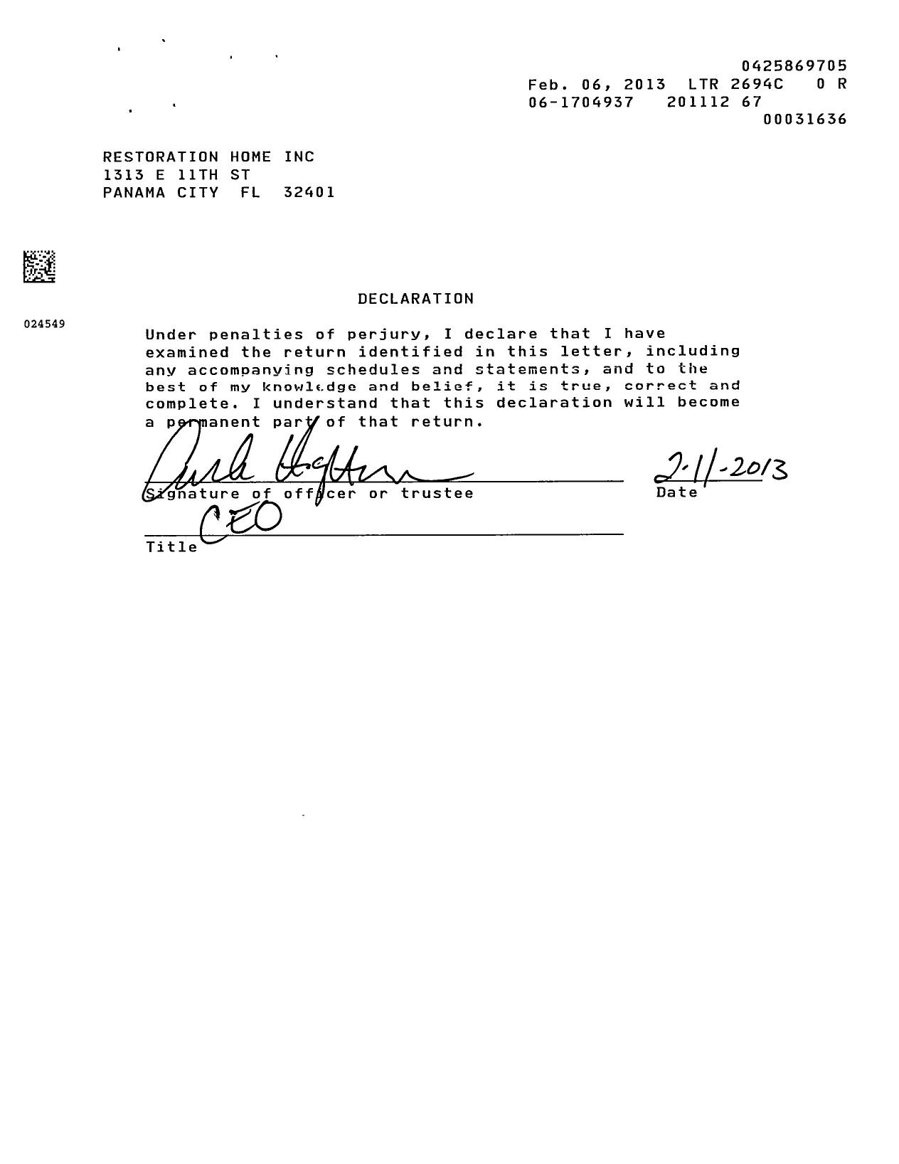 Image of first page of 2011 Form 990R for Restoration Home