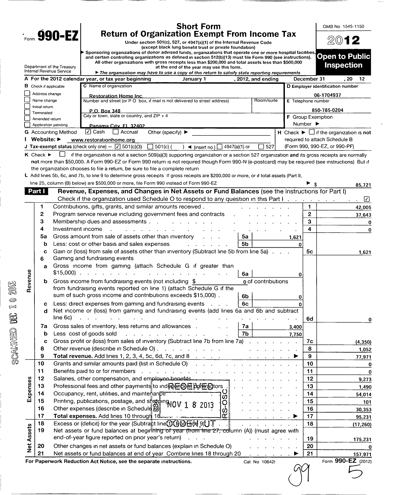 Image of first page of 2012 Form 990EZ for Restoration Home