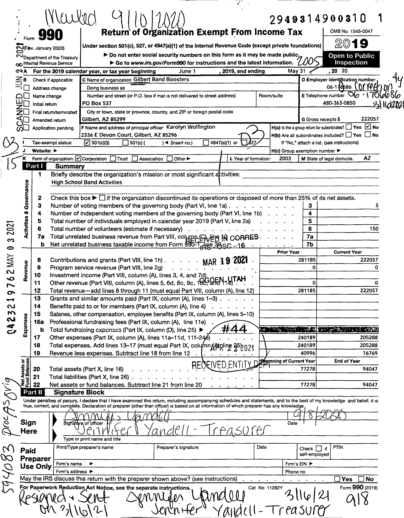 Image of first page of 2019 Form 990 for Gilbert Band Boosters