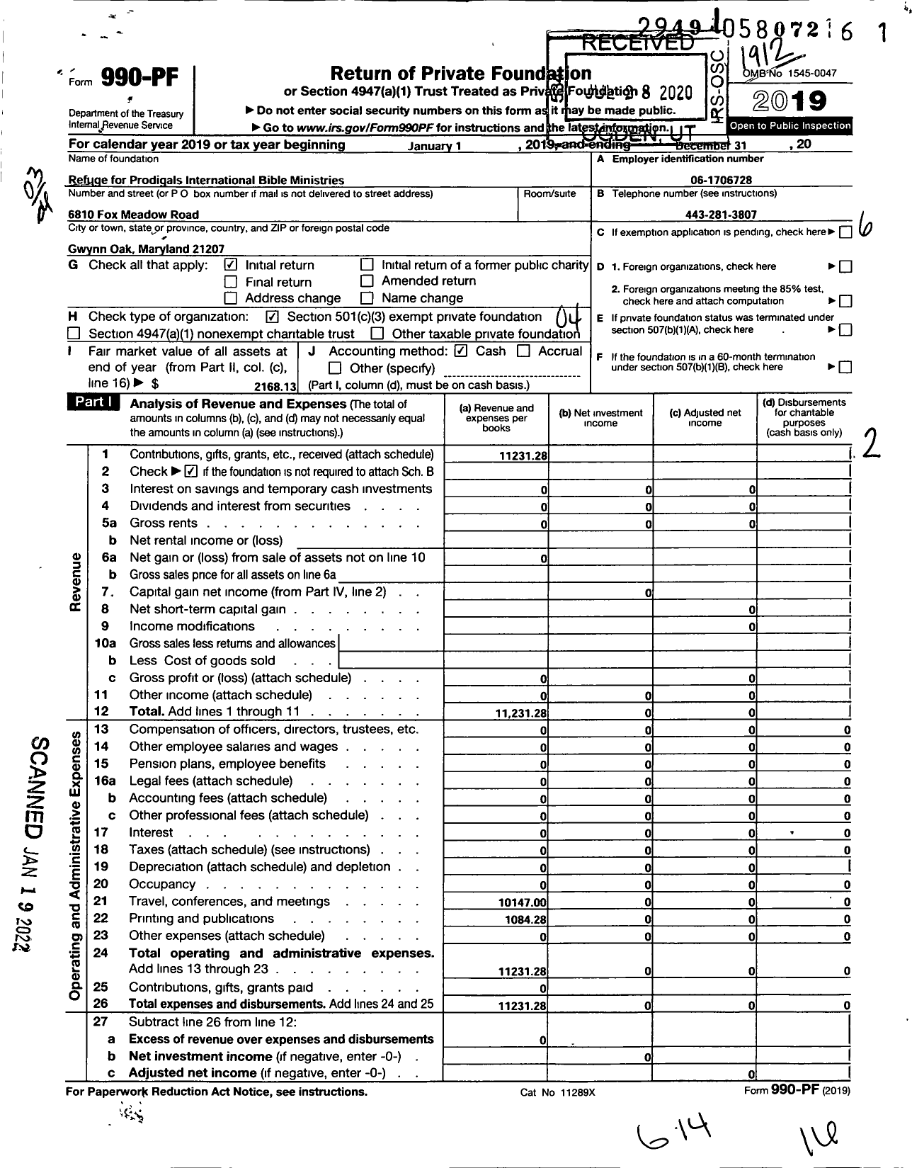 Image of first page of 2019 Form 990PF for Refuge for Prodigals International Bible Ministries