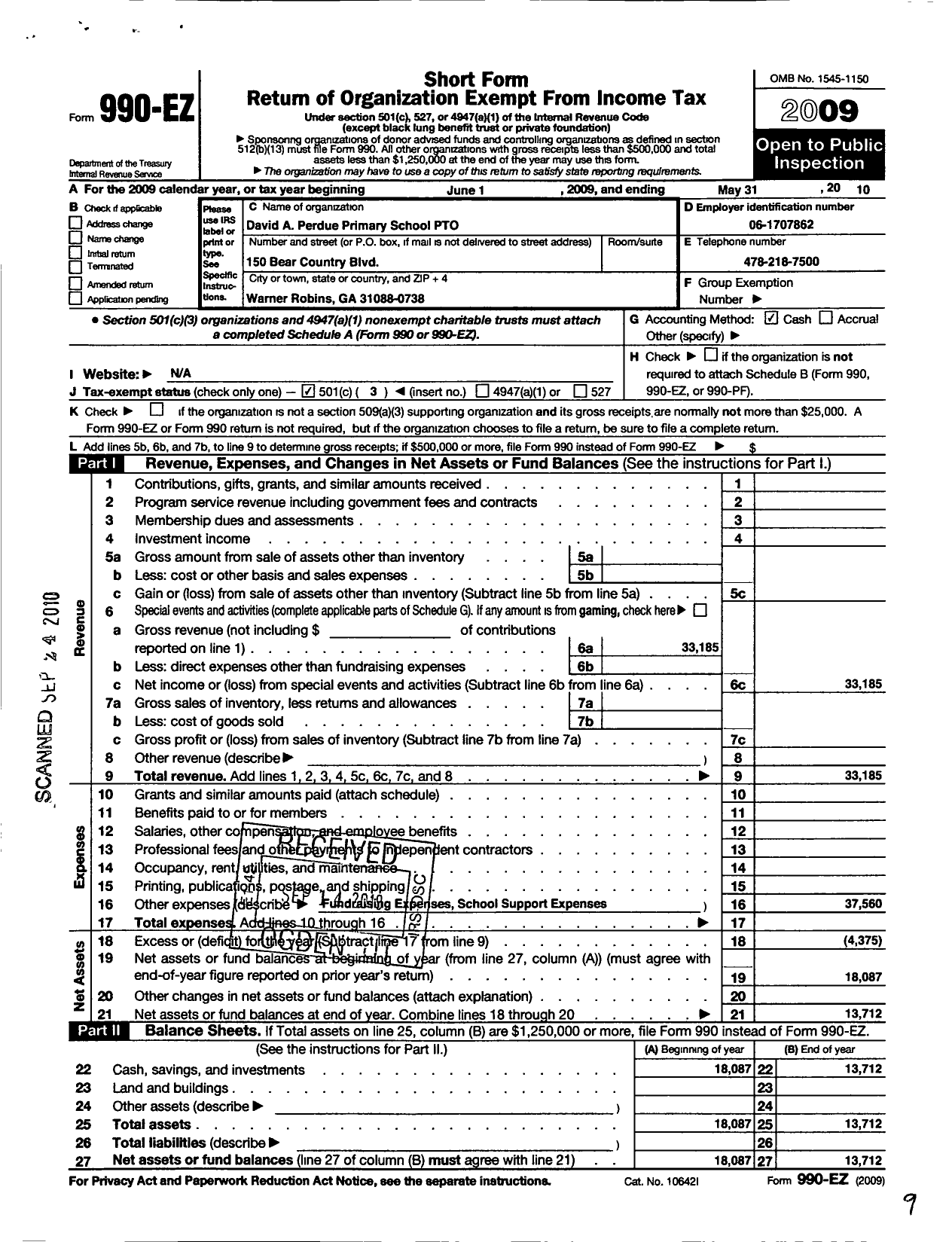 Image of first page of 2009 Form 990EZ for David A Perdue Primary School Pto