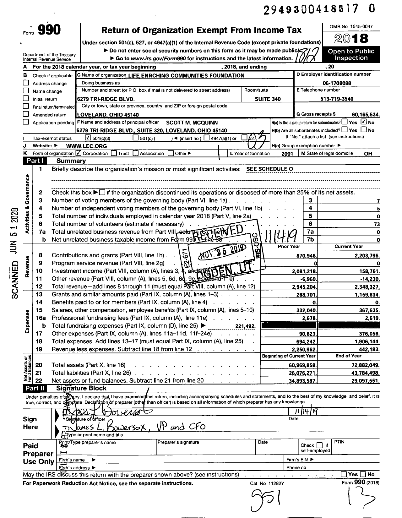 Image of first page of 2018 Form 990 for Life Enriching Communities Foundation