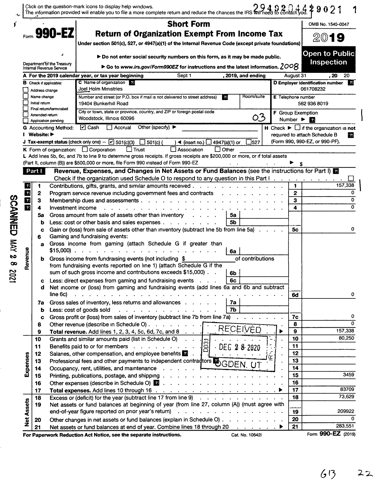 Image of first page of 2019 Form 990EZ for Joel Holm Ministries