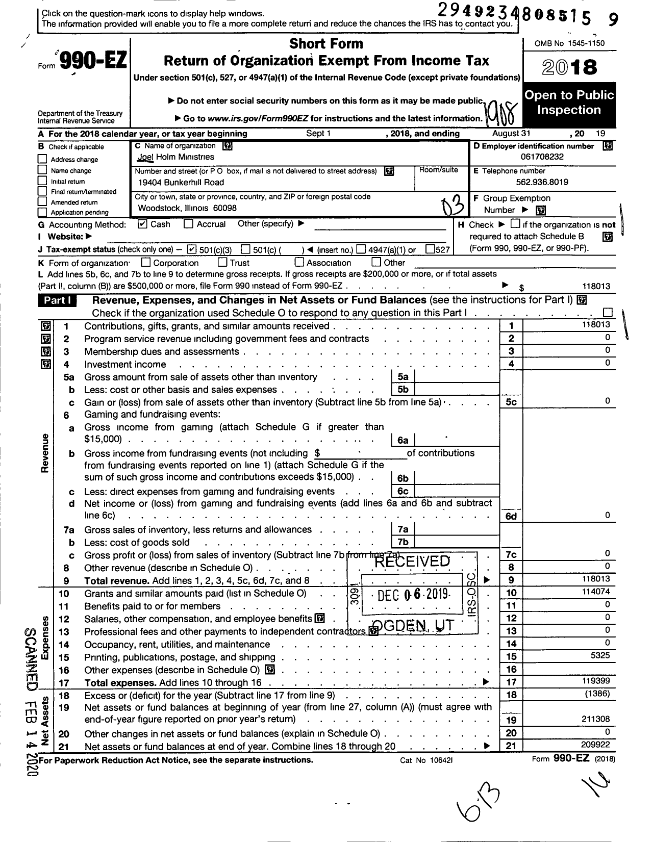 Image of first page of 2018 Form 990EZ for Joel Holm Ministries