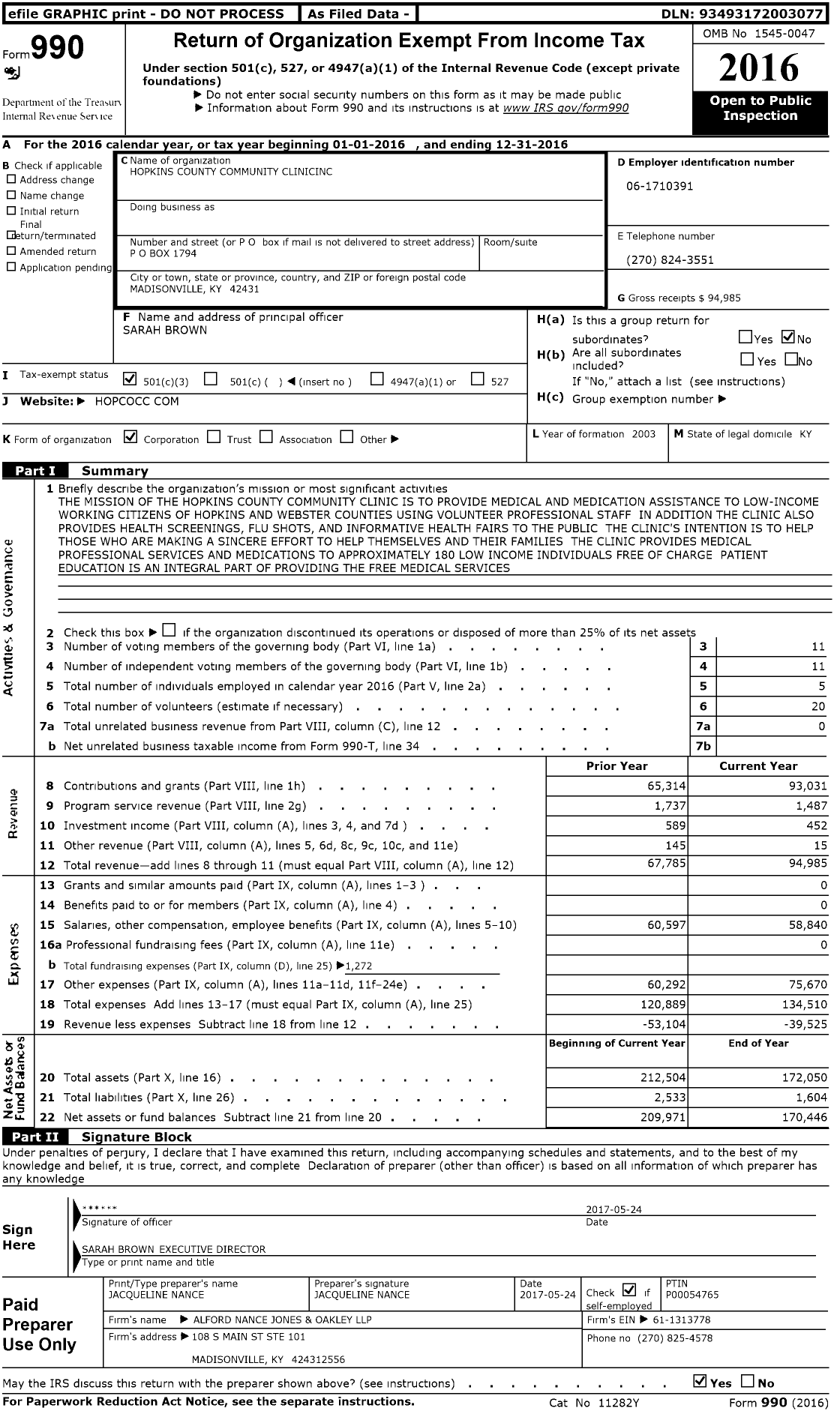 Image of first page of 2016 Form 990 for Hopkins County Community Clinicinc