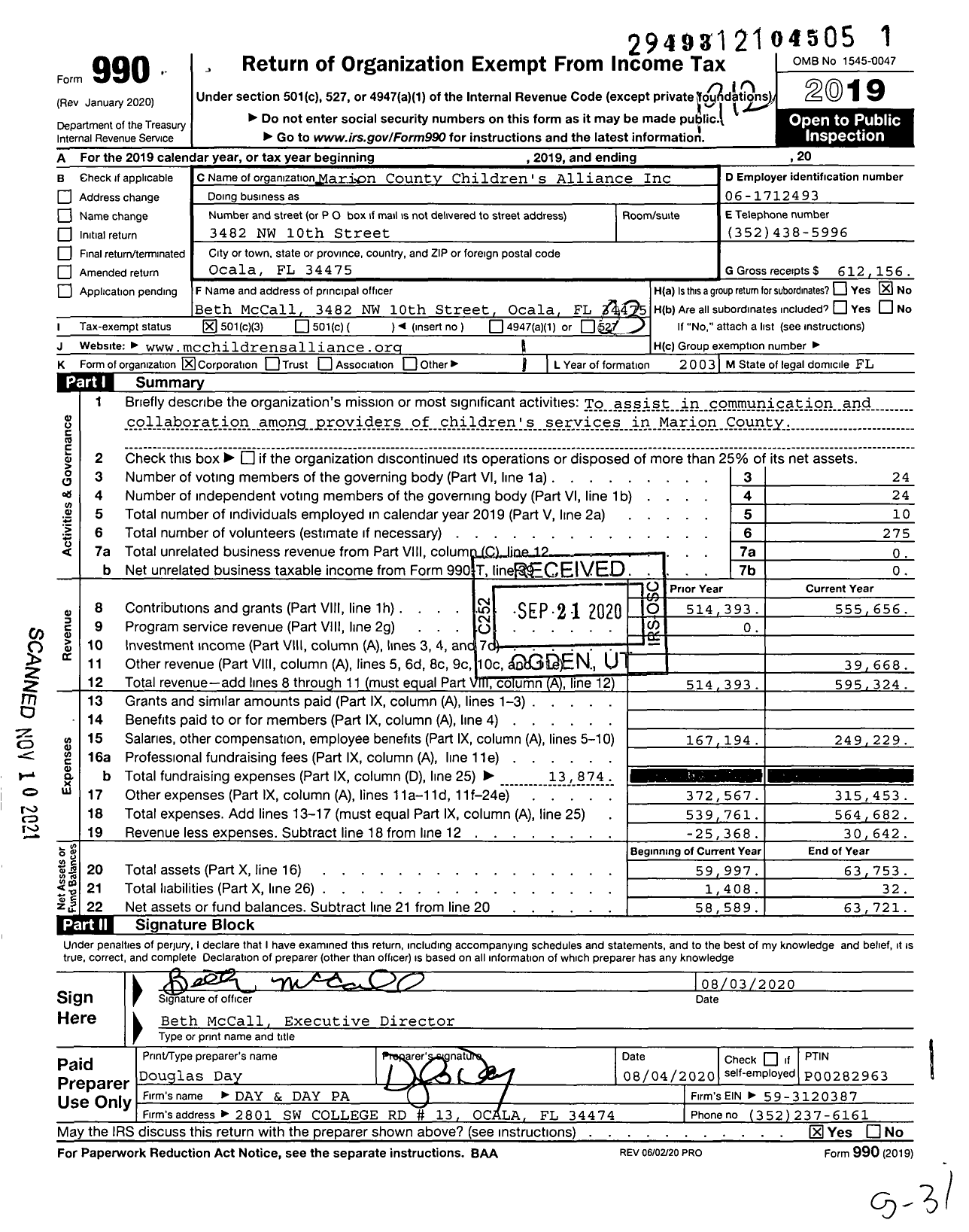 Image of first page of 2019 Form 990 for Marion County Children's Alliance