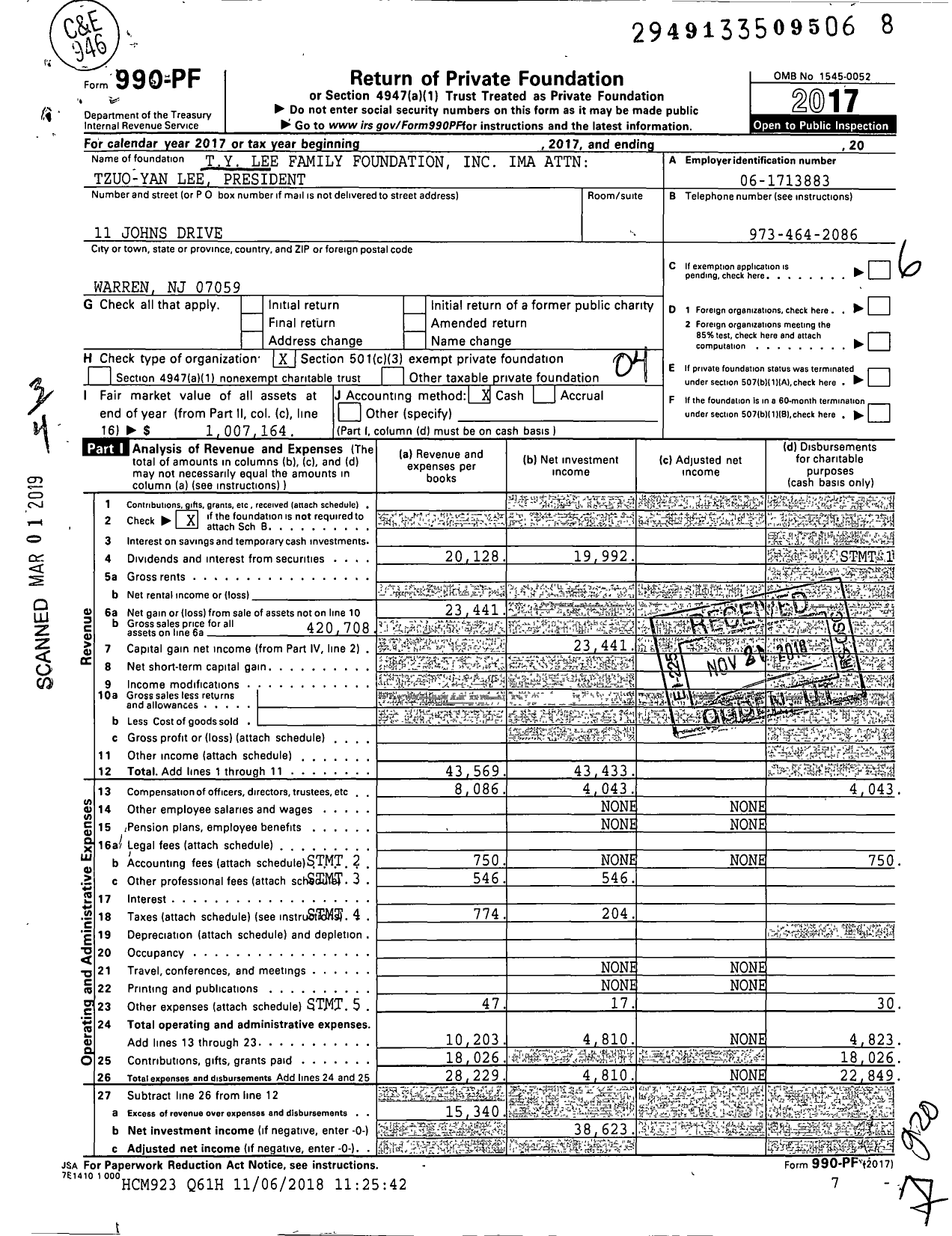 Image of first page of 2017 Form 990PF for Ty Lee Family Foundation Ima Attn