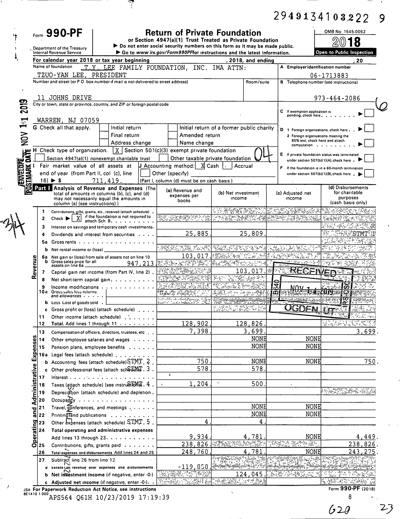 Image of first page of 2018 Form 990PF for Ty Lee Family Foundation Ima Attn