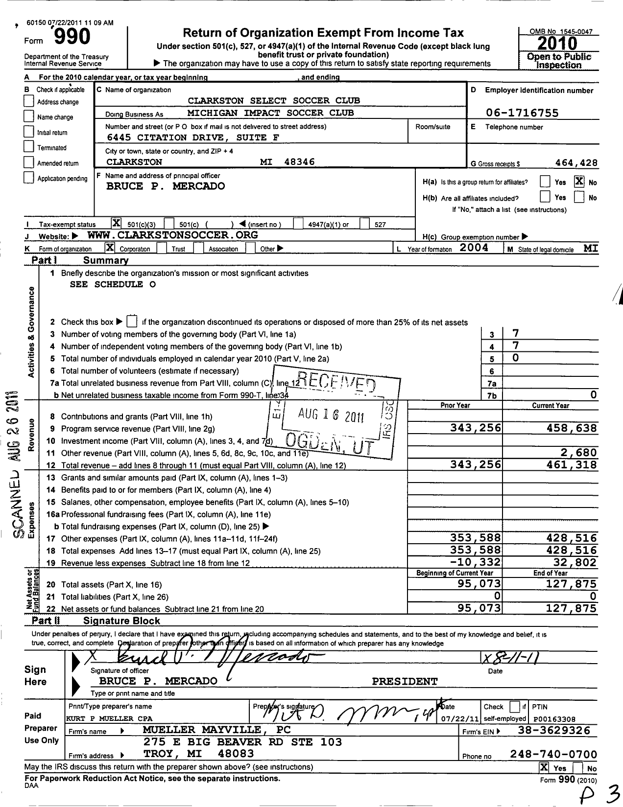 Image of first page of 2010 Form 990 for Clarkston Select Soccer Club