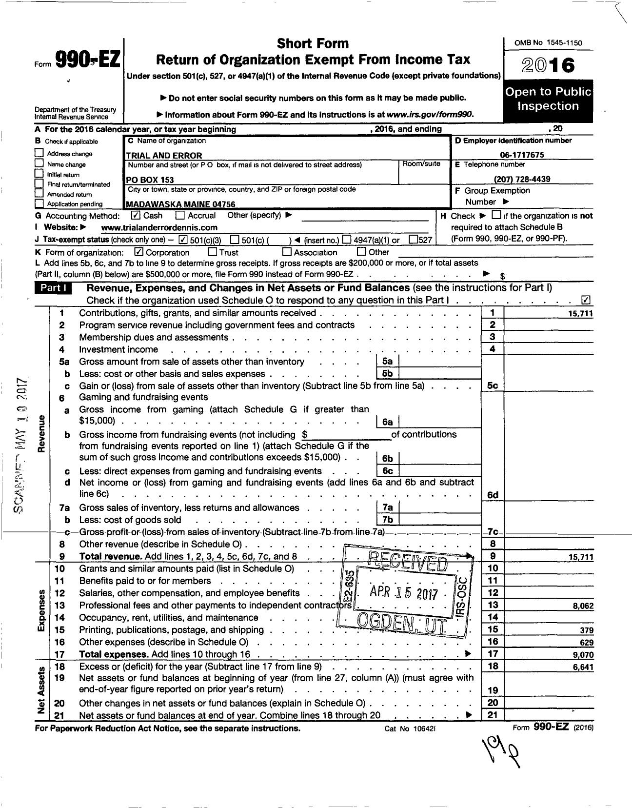 Image of first page of 2016 Form 990EZ for Trial and Error