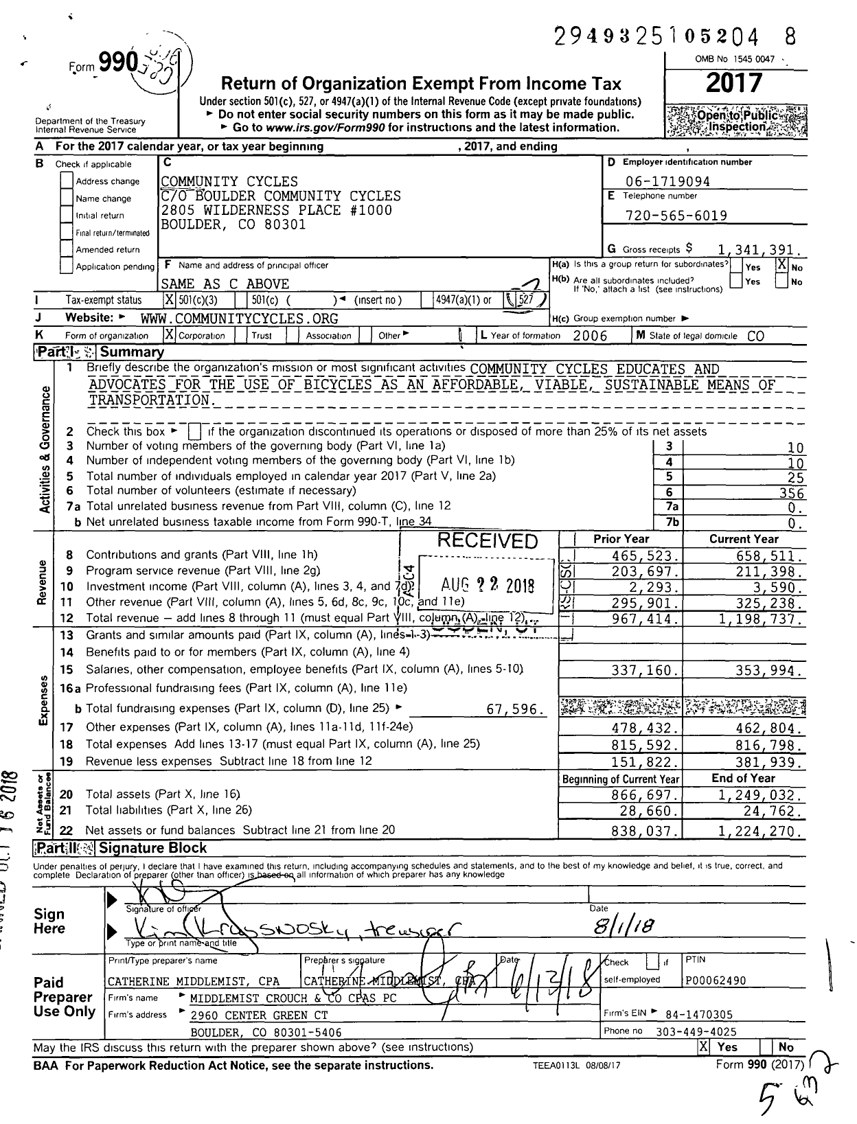 Image of first page of 2017 Form 990 for Community Cycles