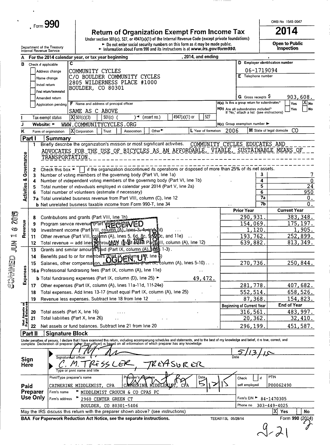 Image of first page of 2014 Form 990 for Community Cycles