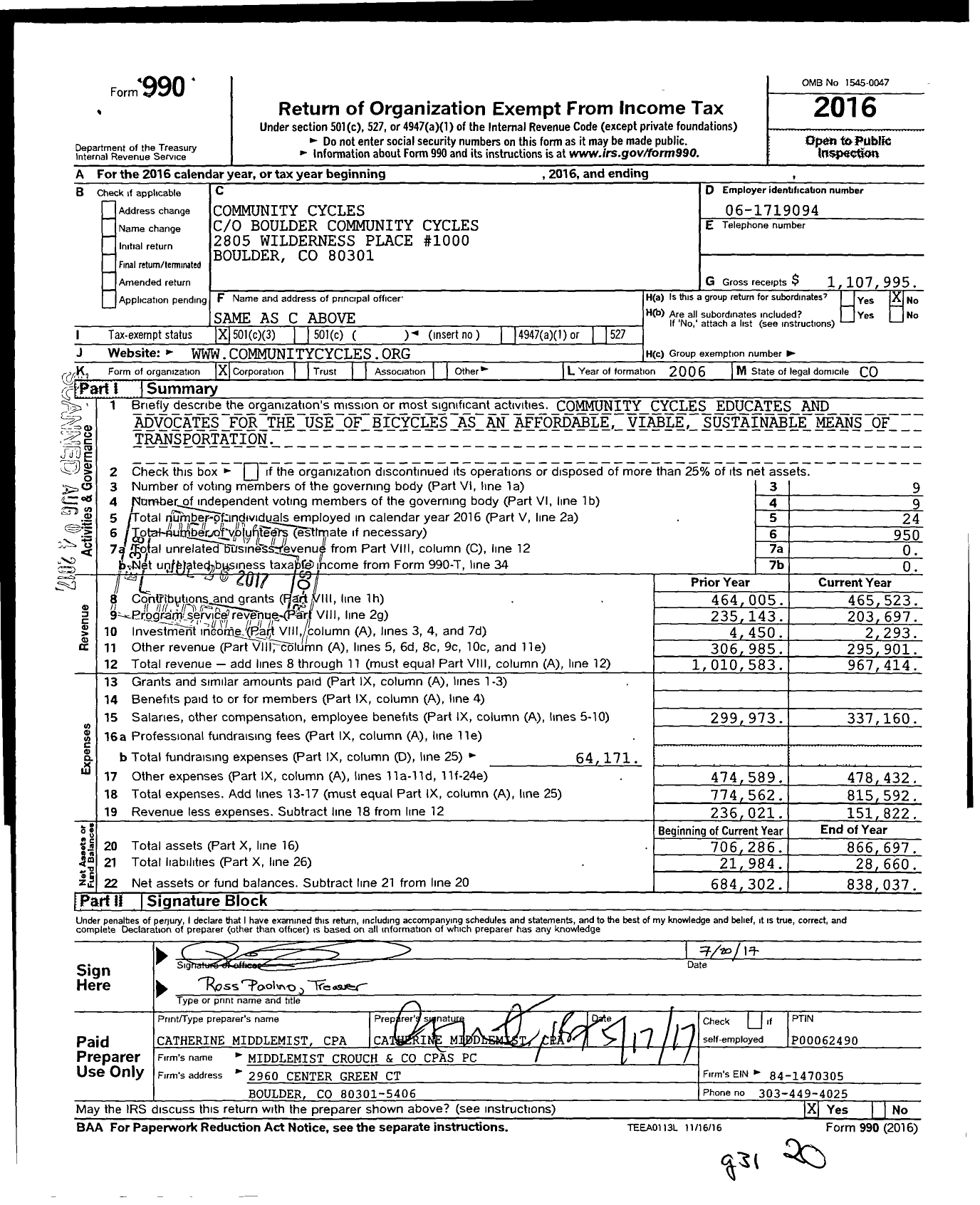 Image of first page of 2016 Form 990 for Community Cycles