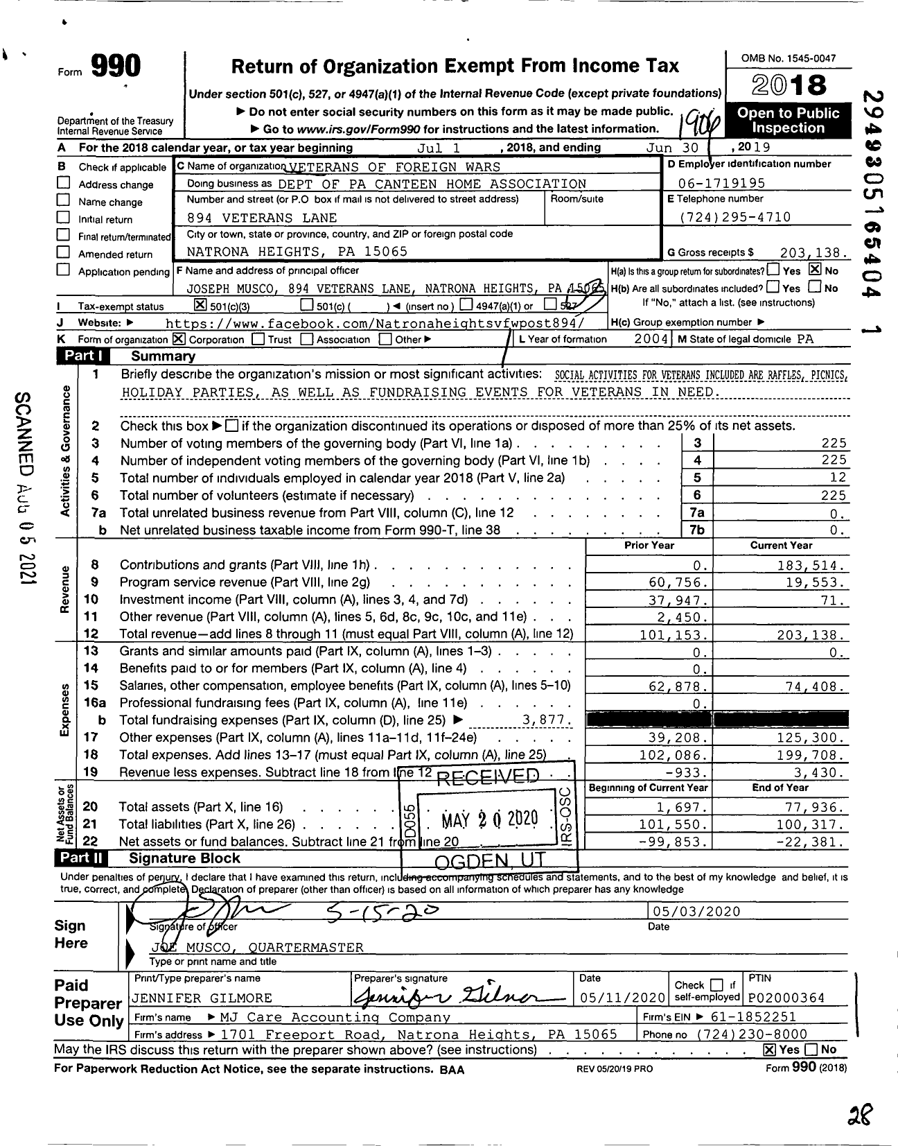 Image of first page of 2018 Form 990 for VFW Department of Pennsylvania - Dept of Pa Canteen Home Association
