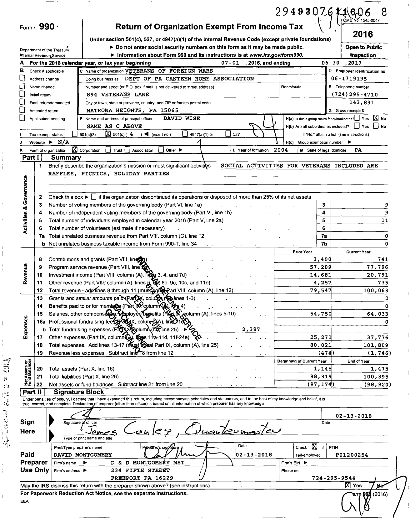 Image of first page of 2016 Form 990O for VFW Department of Pennsylvania - Dept of Pa Canteen Home Association