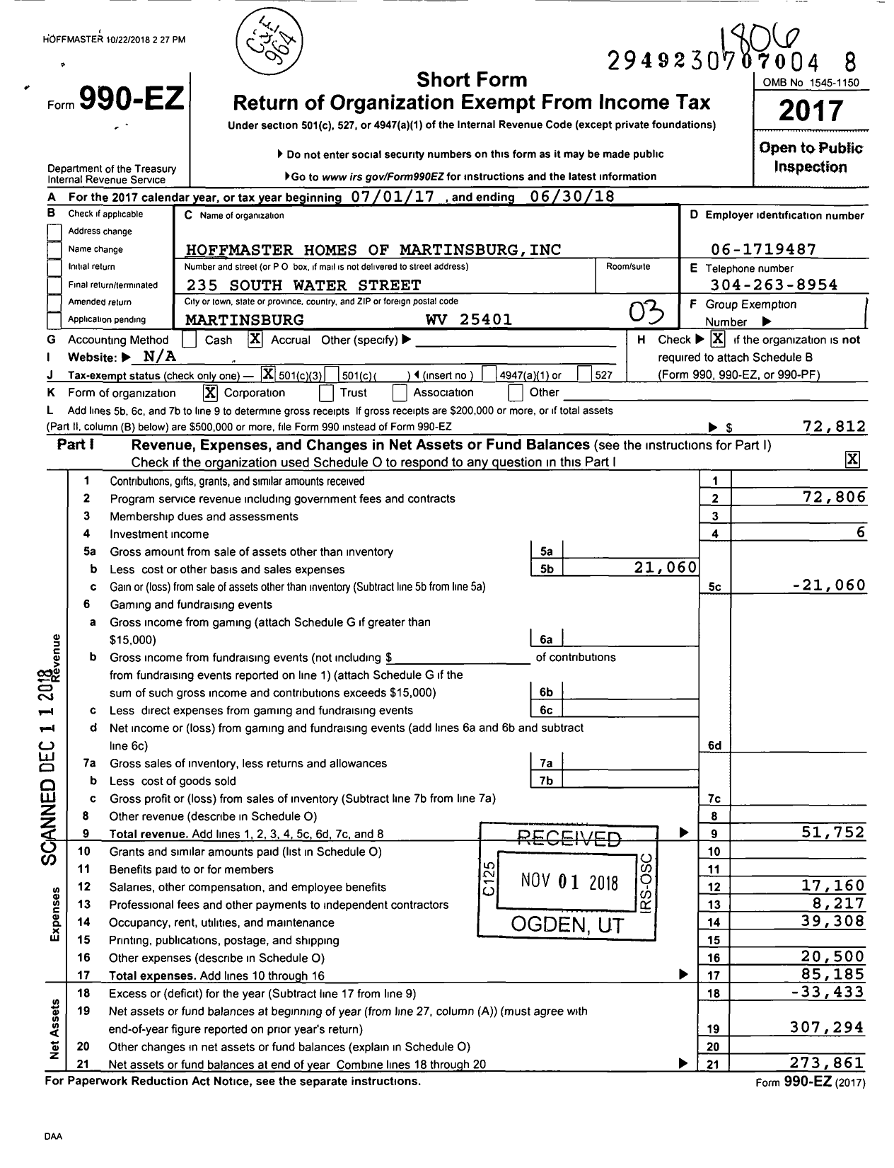 Image of first page of 2017 Form 990EZ for Hoffmaster Homes of Martinsburg