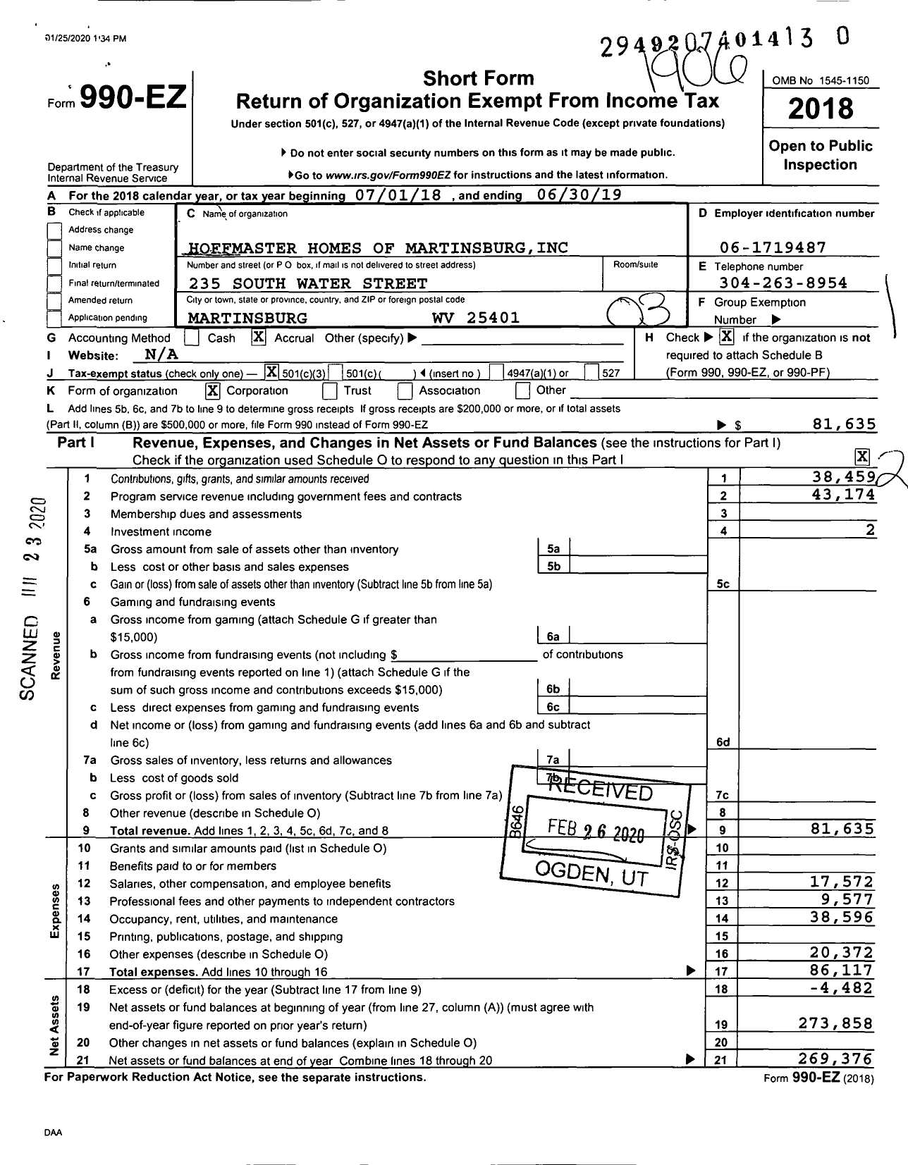 Image of first page of 2018 Form 990EZ for Hoffmaster Homes of Martinsburg