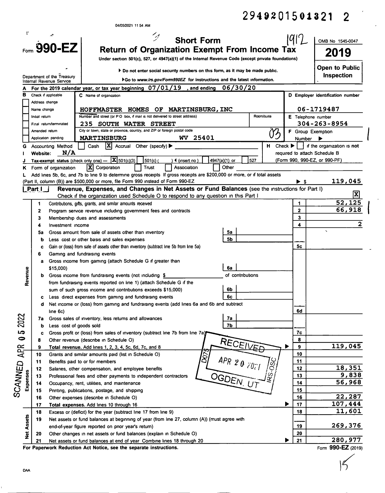 Image of first page of 2019 Form 990EZ for Hoffmaster Homes of Martinsburg