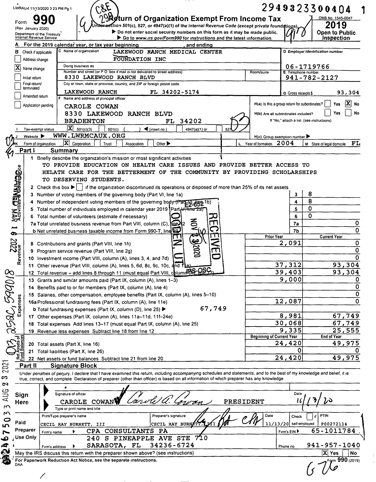 Image of first page of 2019 Form 990 for Lakewood Ranch Medical Center Foundation
