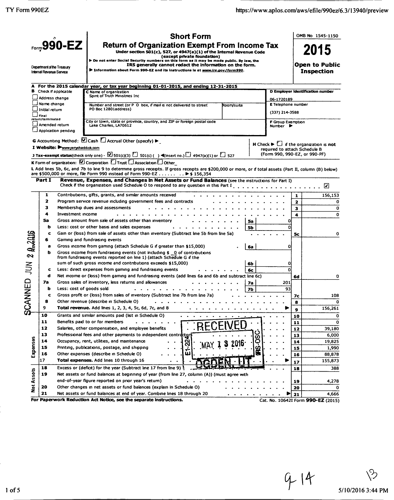 Image of first page of 2015 Form 990EZ for Spirit of Truth Ministries