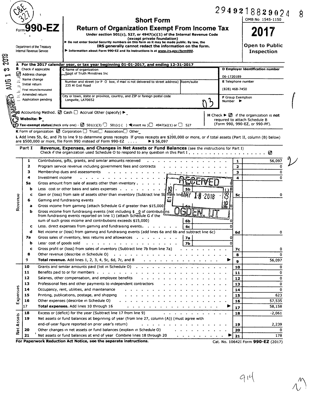 Image of first page of 2017 Form 990EZ for Spirit of Truth Ministries